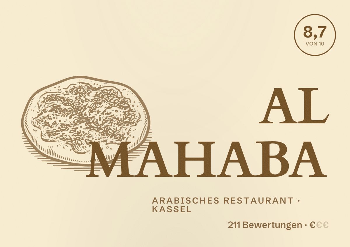 Illustriertes Poster von AL MAHABA, Arabisches Restaurant in Kassel: Bewertung 8,7 von 10 aus 211 Bewertungen, Preisniveau €