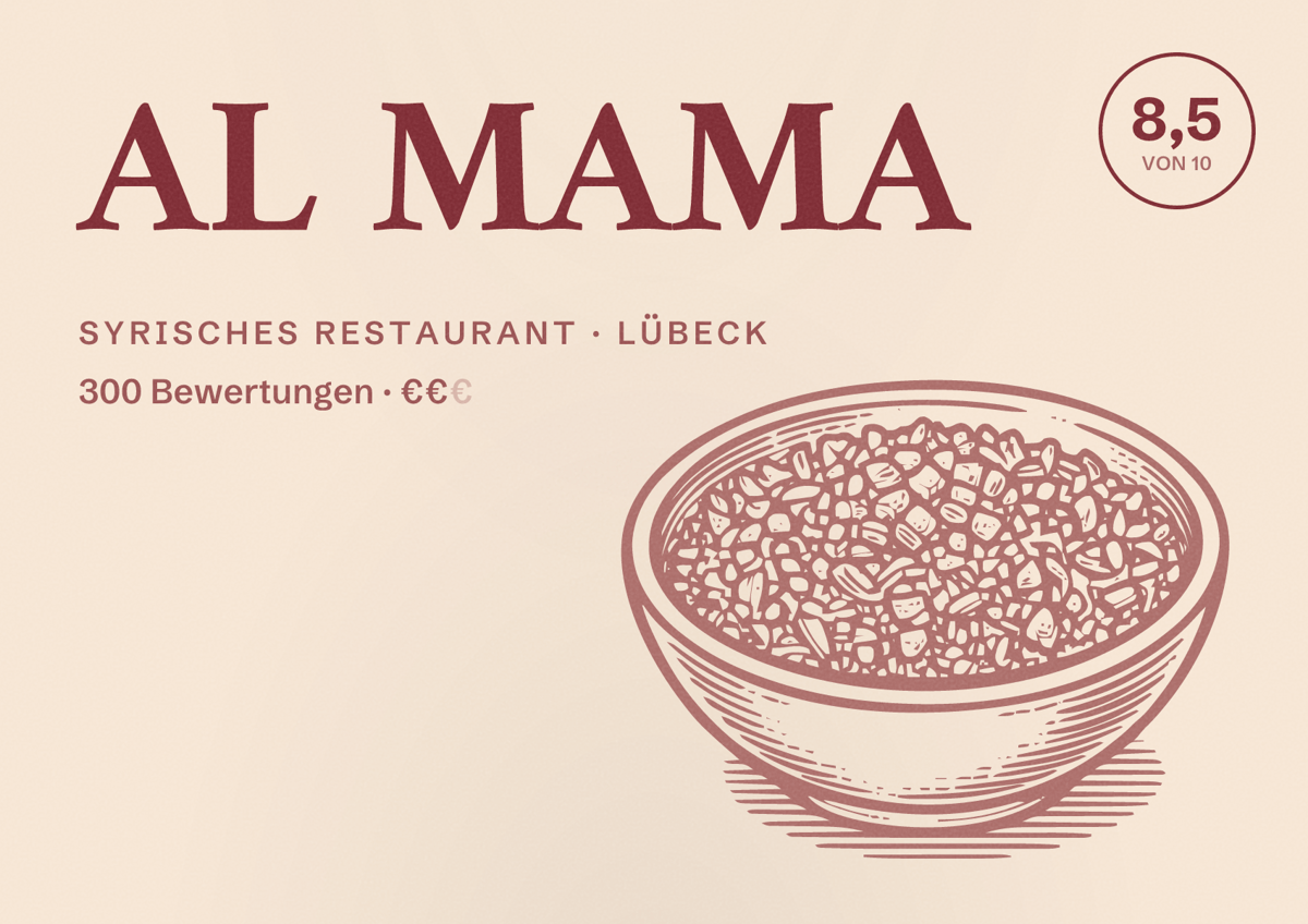 Illustriertes Poster von AL MAMA, Syrisches Restaurant in Lübeck: Bewertung 8,5 von 10 aus 300 Bewertungen, Preisniveau €€