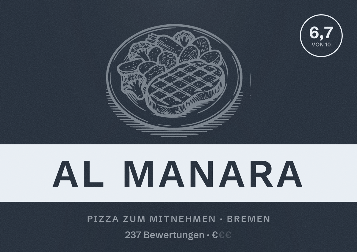 Illustriertes Poster von Al Manara, Pizza zum Mitnehmen in Bremen: Bewertung 6,7 von 10 aus 237 Bewertungen, Preisniveau €