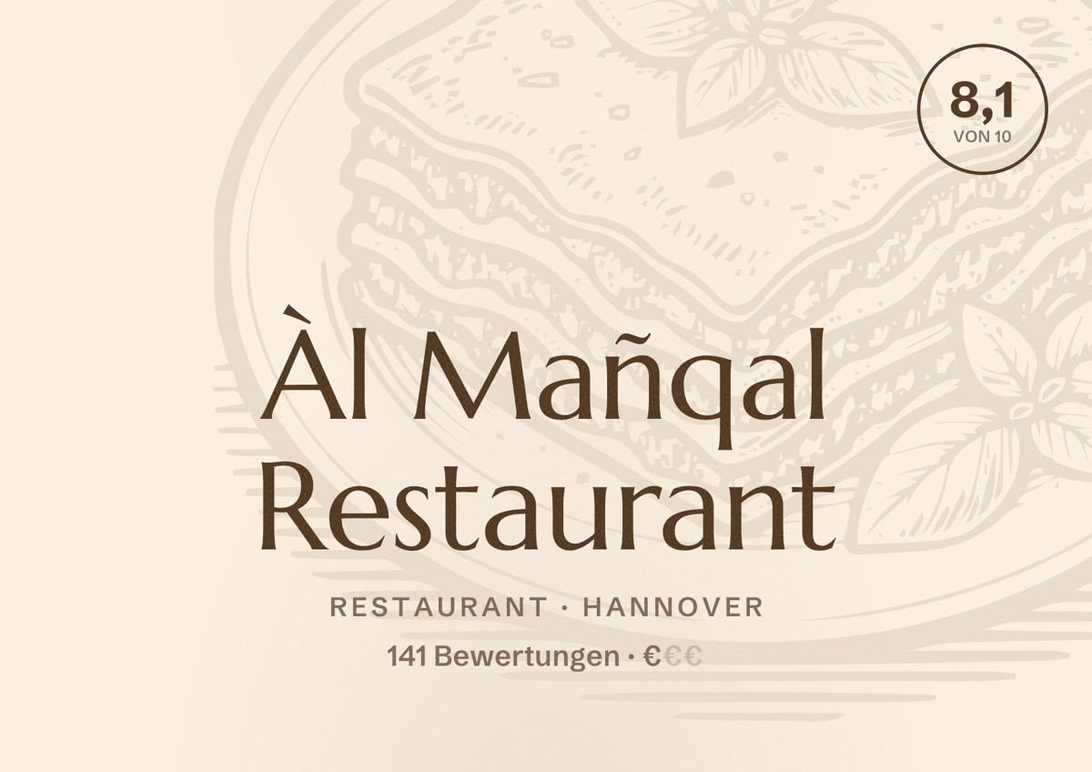 Illustriertes Poster von Àl Mañqal Restaurant, Restaurant in Hannover: Bewertung 8,1 von 10 aus 141 Bewertungen, Preisniveau €