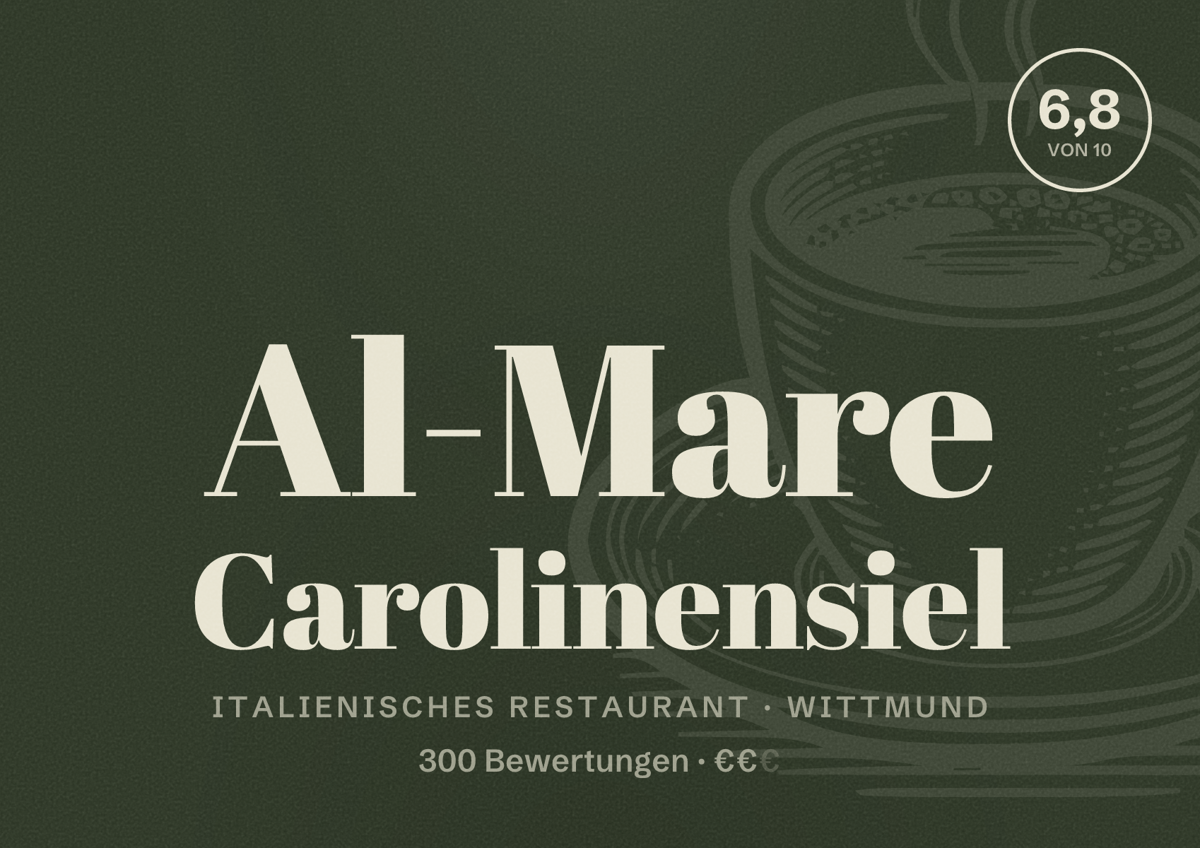 Illustriertes Poster von Al-Mare Carolinensiel, Italienisches Restaurant in Wittmund: Bewertung 6,8 von 10 aus 300 Bewertungen, Preisniveau €€