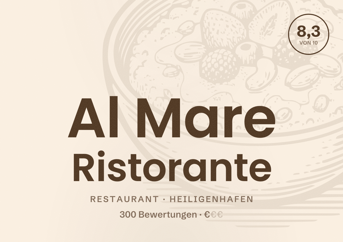 Illustriertes Poster von Al Mare Ristorante, Restaurant in Heiligenhafen: Bewertung 8,3 von 10 aus 300 Bewertungen, Preisniveau €