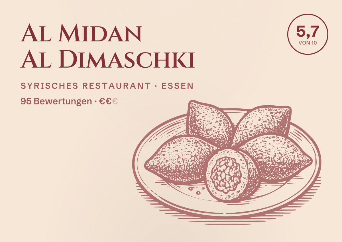 Illustriertes Poster von Al Midan Al Dimaschki, Syrisches Restaurant in Essen: Bewertung 5,7 von 10 aus 95 Bewertungen, Preisniveau €€