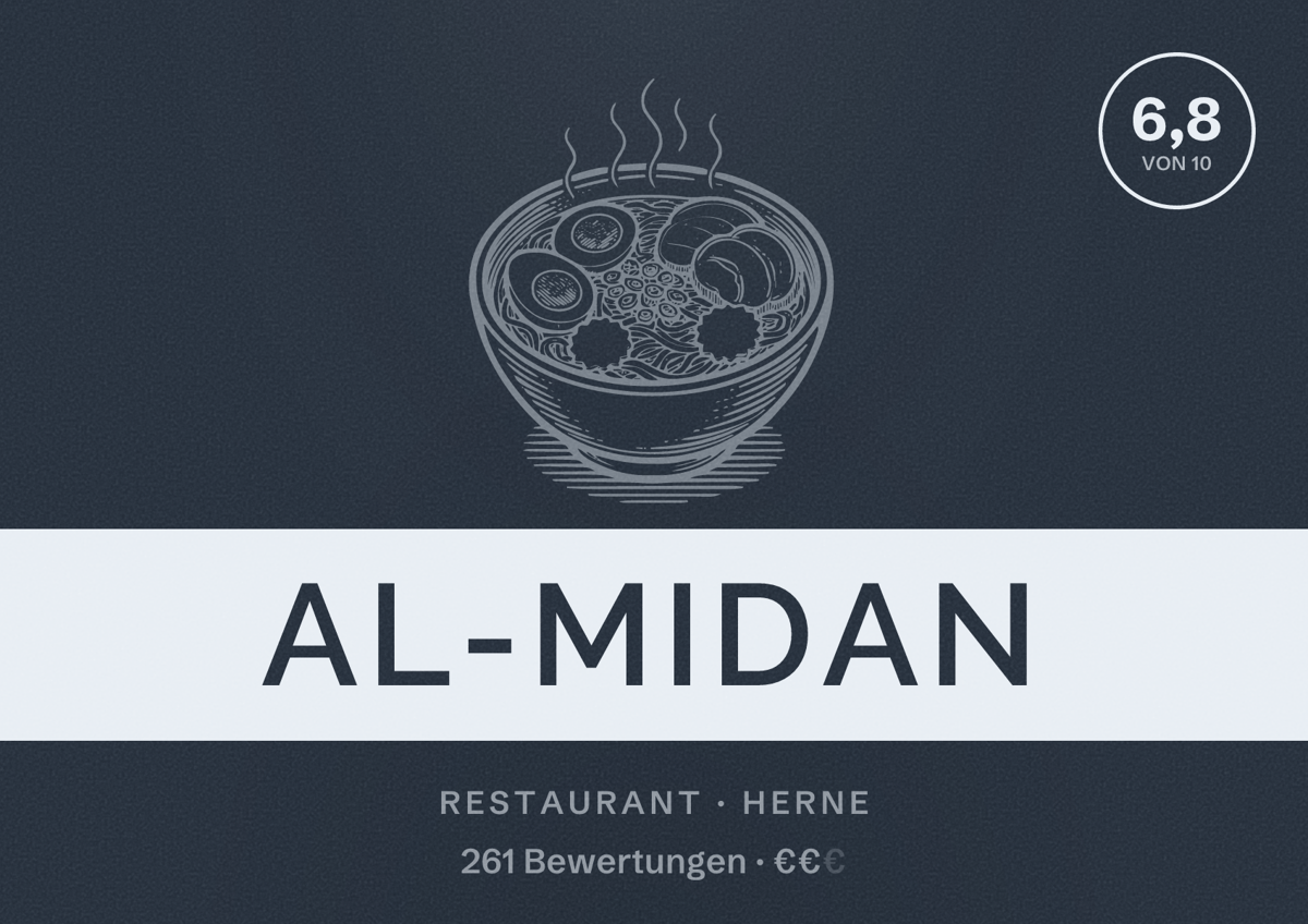 Illustriertes Poster von Al-midan, Restaurant in Herne: Bewertung 6,8 von 10 aus 261 Bewertungen, Preisniveau €€