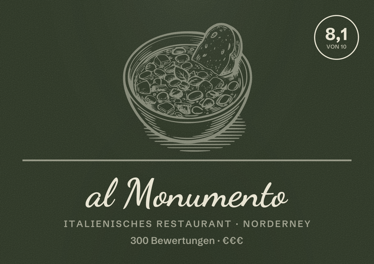 Illustriertes Poster von al Monumento, Italienisches Restaurant in Norderney: Bewertung 8,1 von 10 aus 300 Bewertungen, Preisniveau €€€