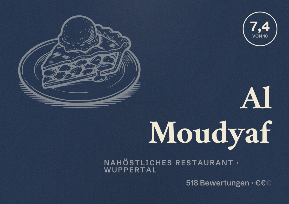 Illustriertes Poster von Al Moudyaf, Nahöstliches Restaurant in Wuppertal: Bewertung 7,4 von 10 aus 518 Bewertungen, Preisniveau €€