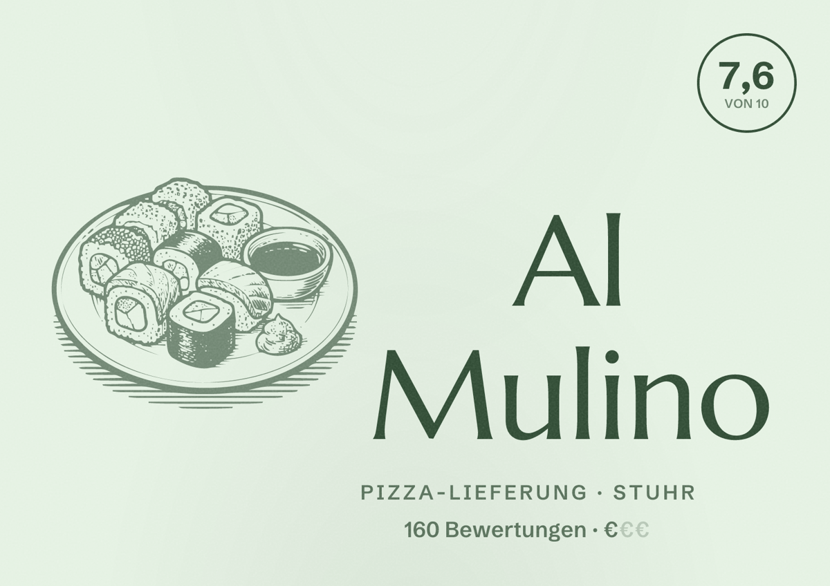 Illustriertes Poster von Al Mulino, Pizza-Lieferung in Stuhr: Bewertung 7,6 von 10 aus 160 Bewertungen, Preisniveau €