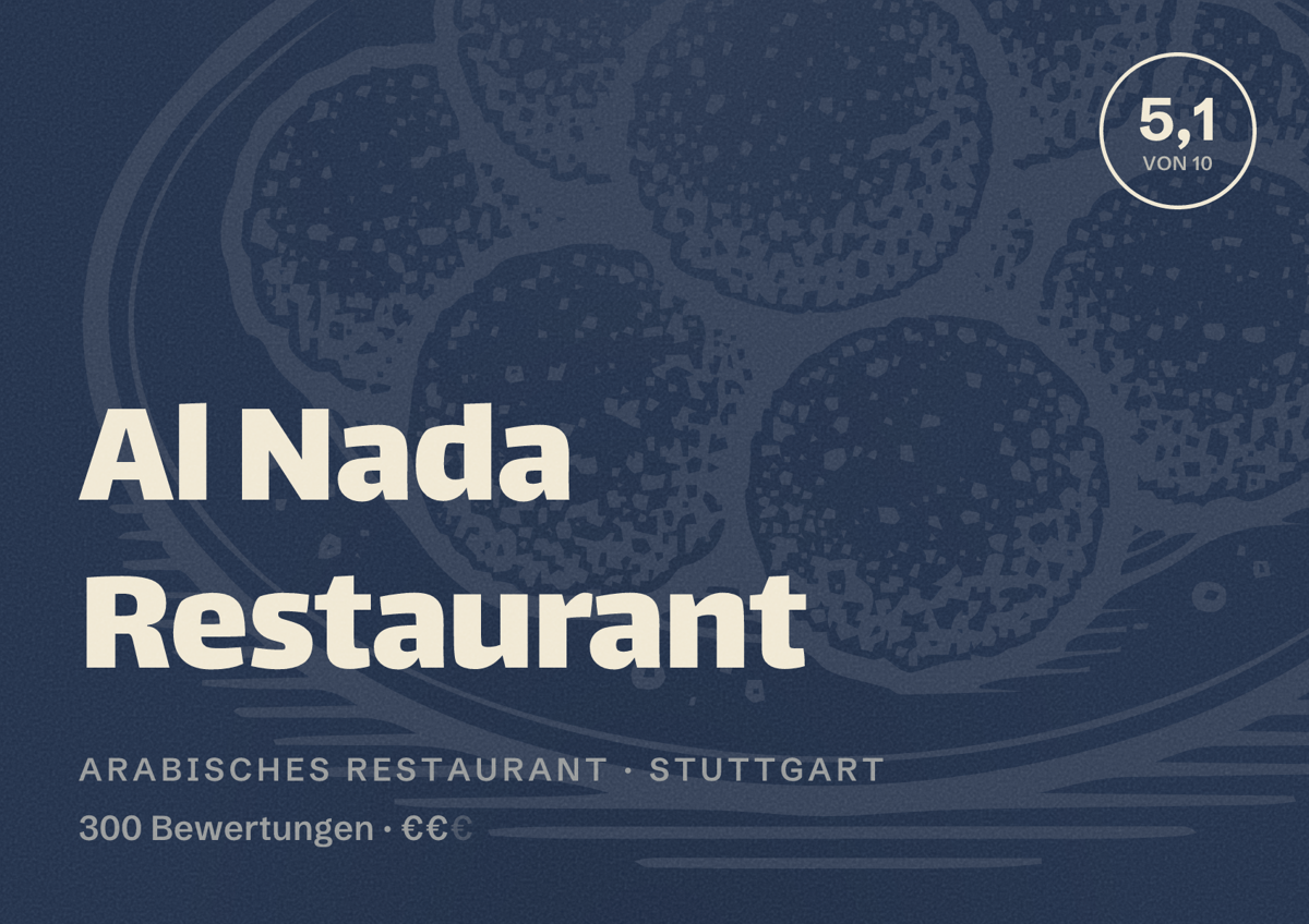 Illustriertes Poster von Al Nada Restaurant, Arabisches Restaurant in Stuttgart: Bewertung 5,1 von 10 aus 300 Bewertungen, Preisniveau €€