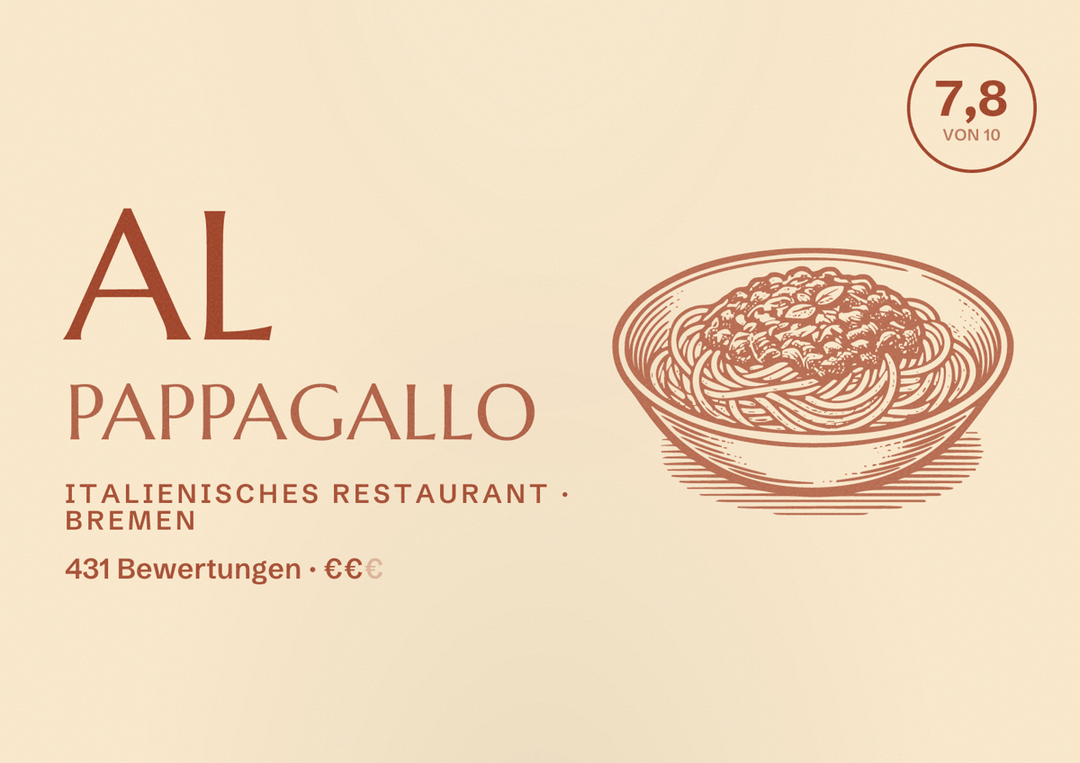 Illustriertes Poster von Al Pappagallo, Italienisches Restaurant in Bremen: Bewertung 7,8 von 10 aus 431 Bewertungen, Preisniveau €€