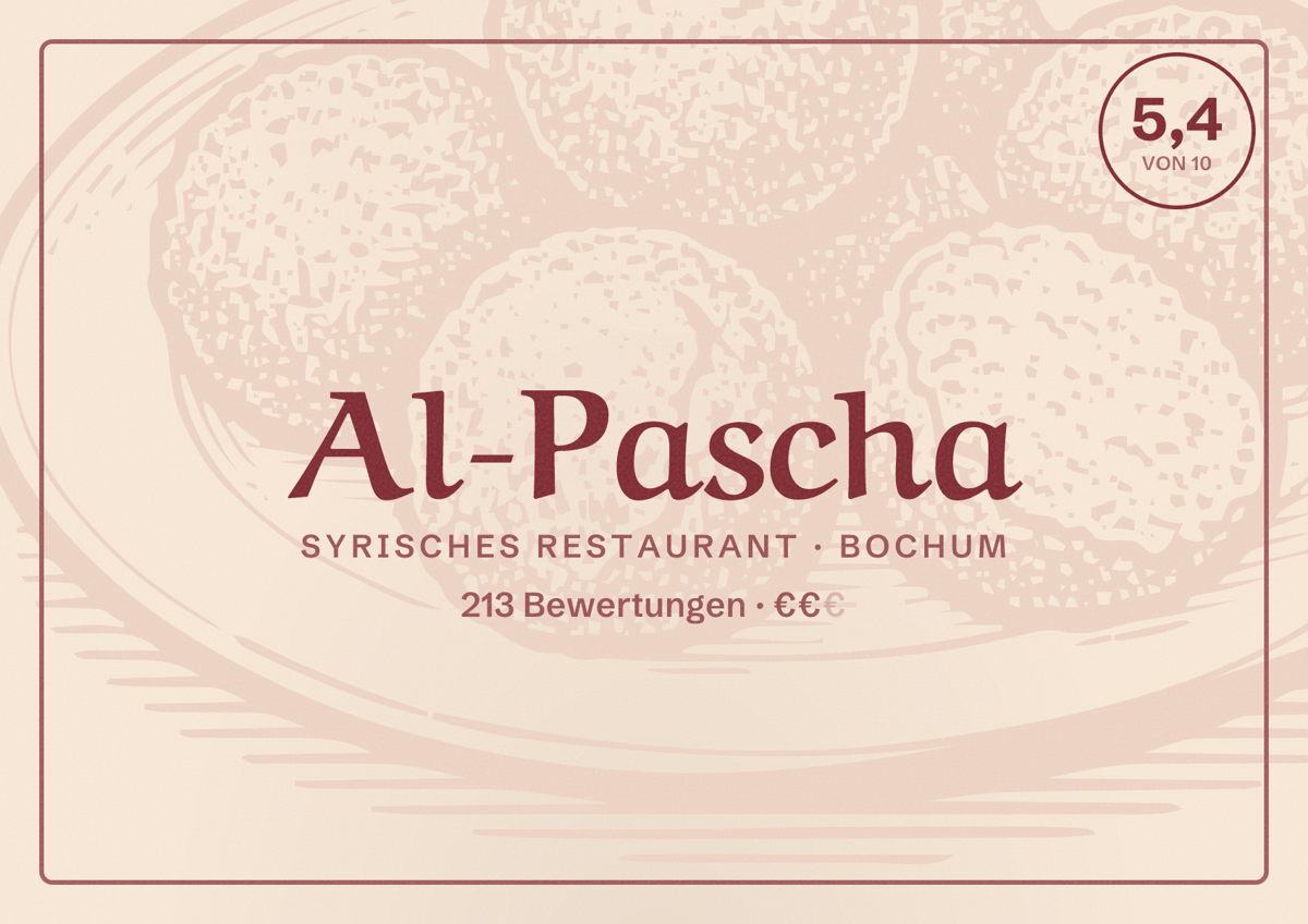 Illustriertes Poster von Al-Pascha, Syrisches Restaurant in Bochum: Gästebewertung 5,5 von 10 aus 213 Bewertungen