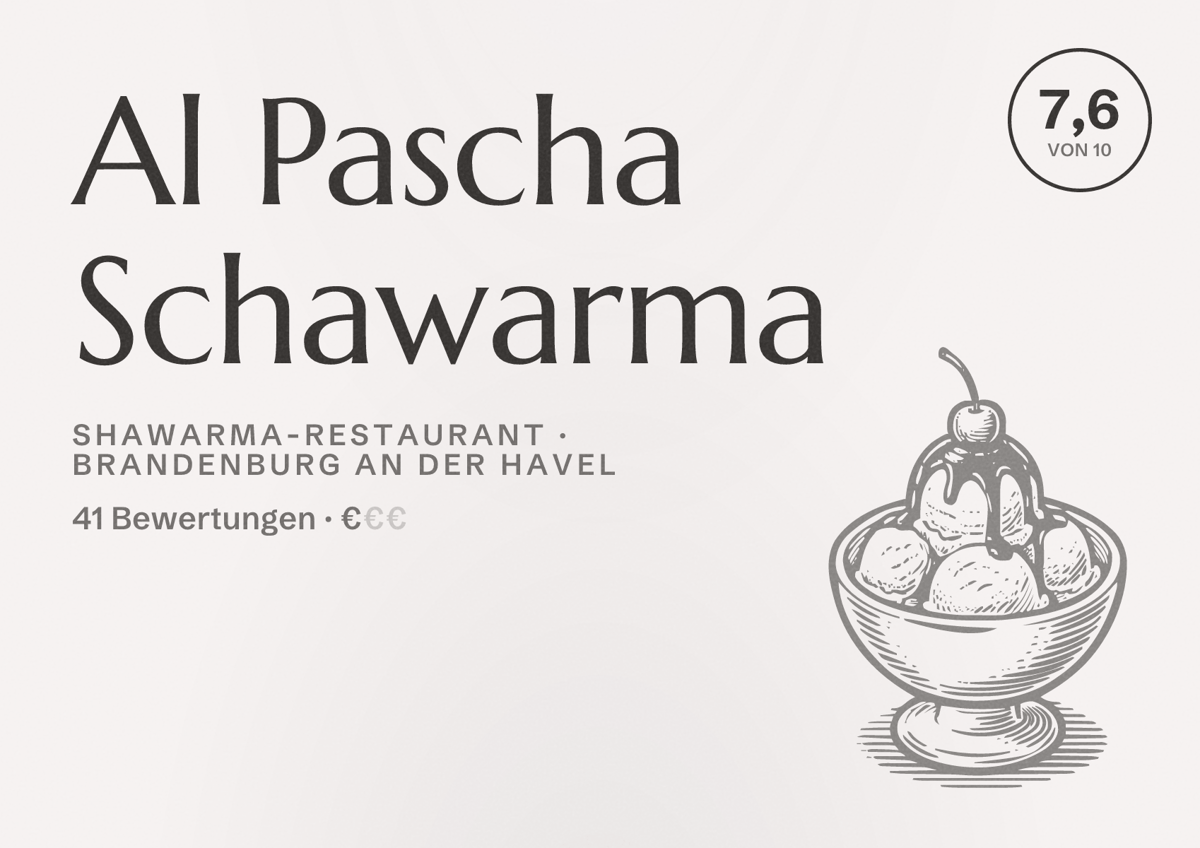 Illustriertes Poster von Al Pascha Schawarma, Shawarma-Restaurant in Brandenburg an der Havel: Bewertung 7,6 von 10 aus 41 Bewertungen, Preisniveau €