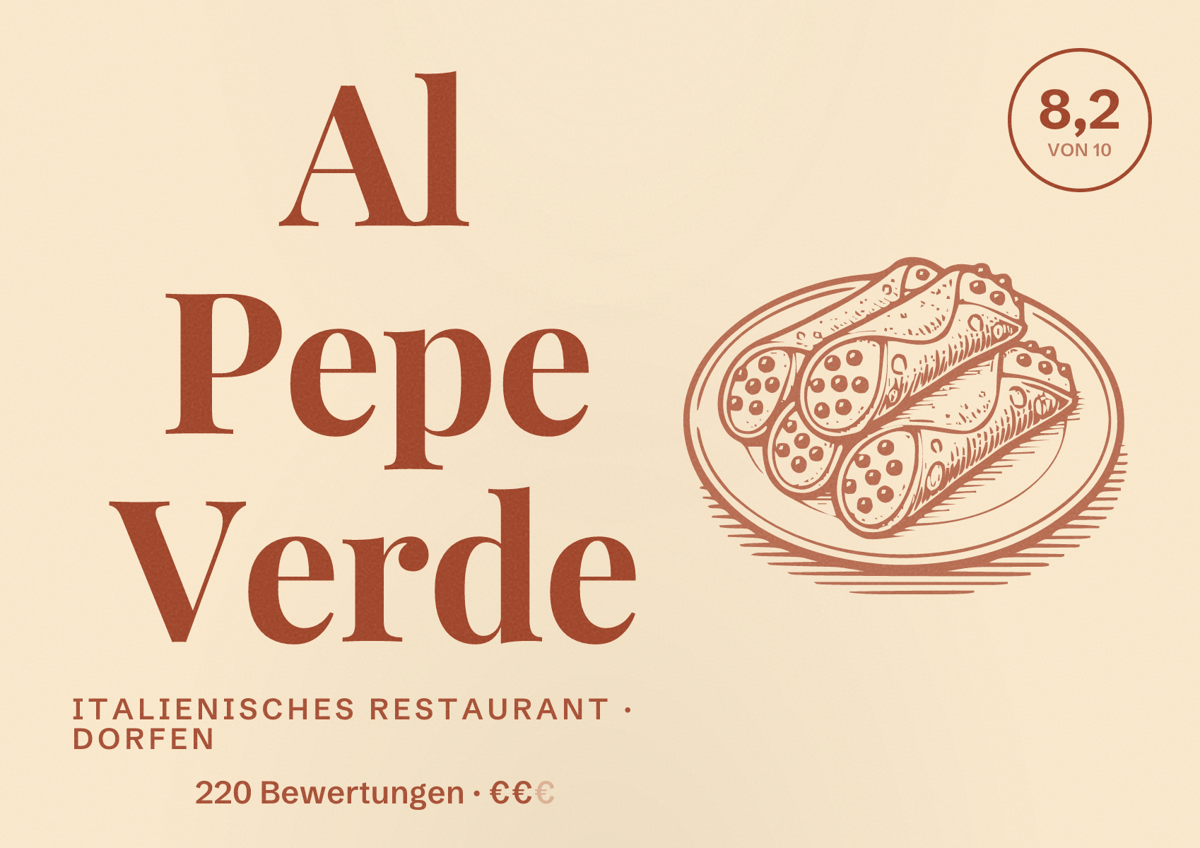 Illustriertes Poster von Al Pepe Verde, Italienisches Restaurant in Dorfen: Bewertung 8,2 von 10 aus 220 Bewertungen, Preisniveau €€
