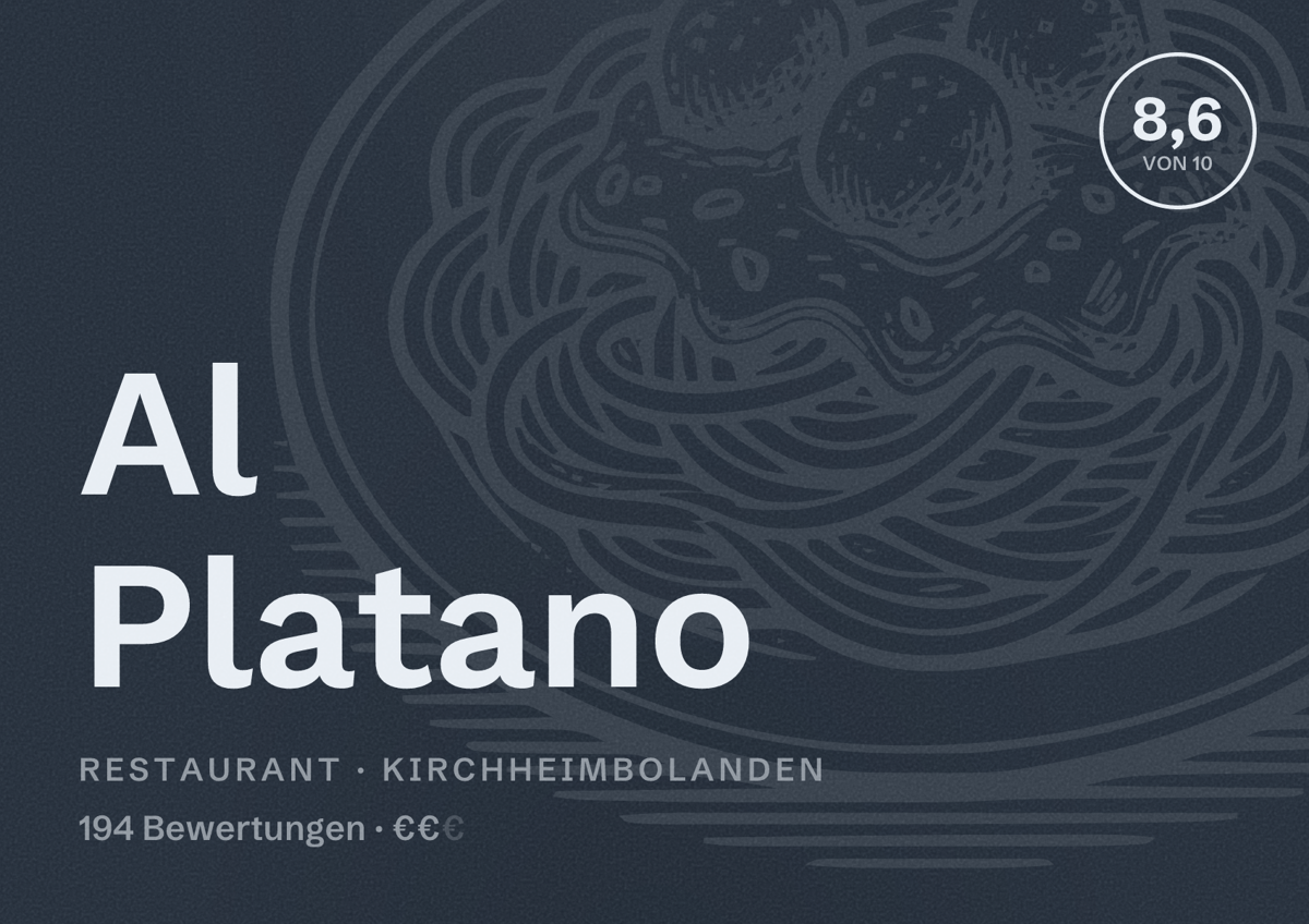 Illustriertes Poster von Al Platano, Restaurant in Kirchheimbolanden: Bewertung 8,6 von 10 aus 194 Bewertungen, Preisniveau €€