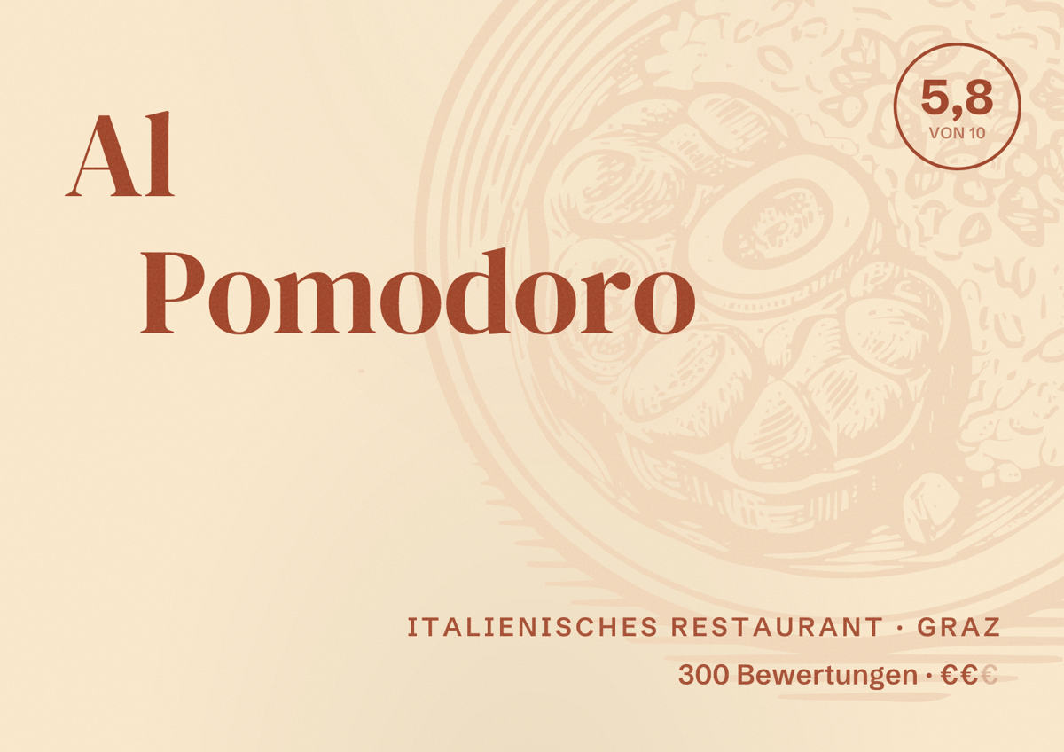 Illustriertes Poster von Al Pomodoro, Italienisches Restaurant in Graz: Bewertung 5,8 von 10 aus 300 Bewertungen, Preisniveau €€