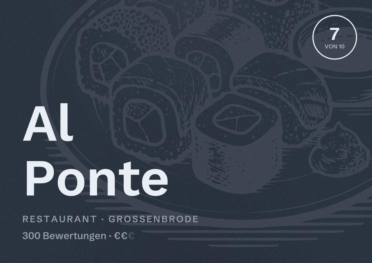 Illustriertes Poster von Al Ponte, Restaurant in Großenbrode: Bewertung 7 von 10 aus 300 Bewertungen, Preisniveau €€