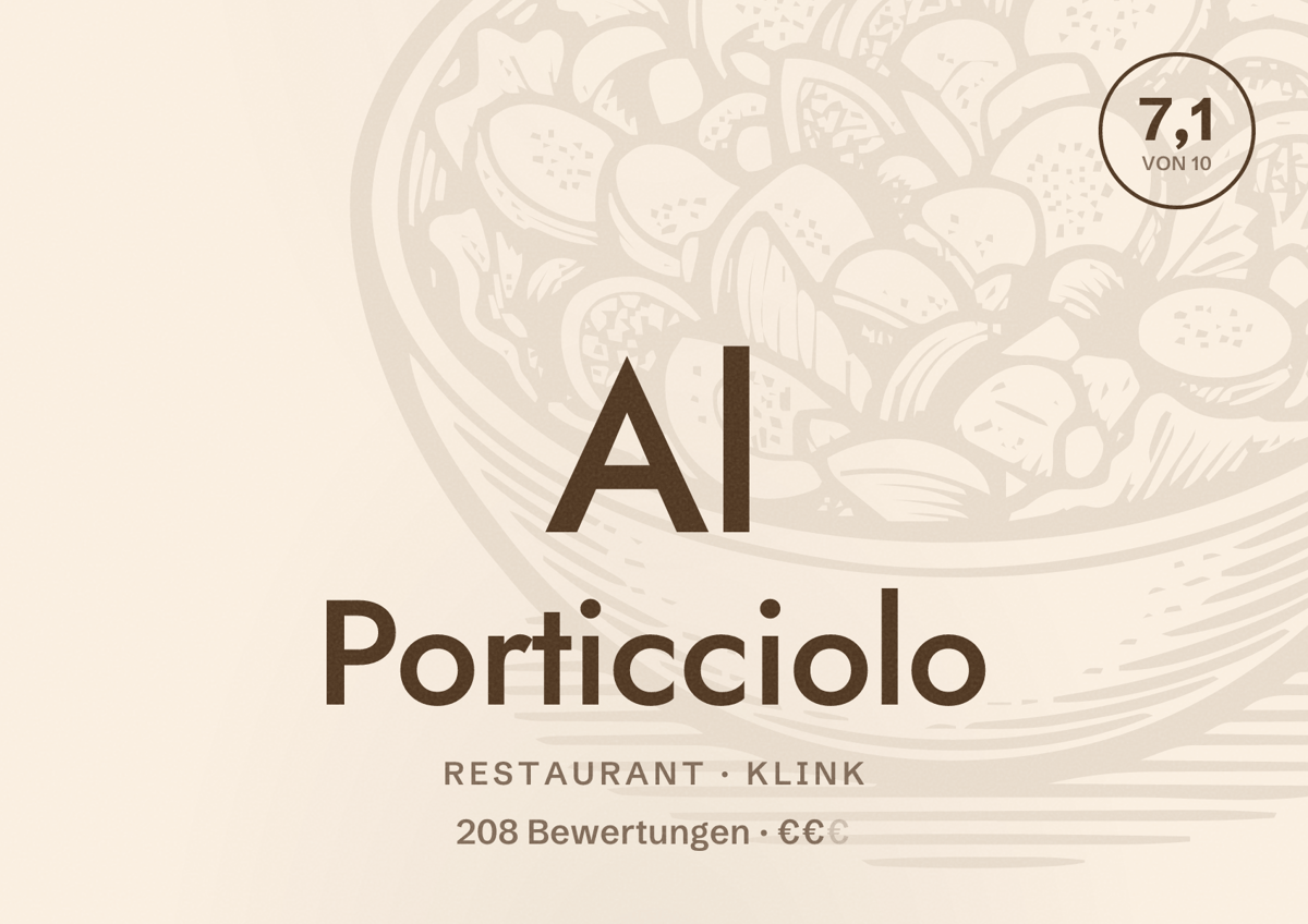 Illustriertes Poster von Al Porticciolo, Restaurant in Klink: Bewertung 7,1 von 10 aus 208 Bewertungen, Preisniveau €€