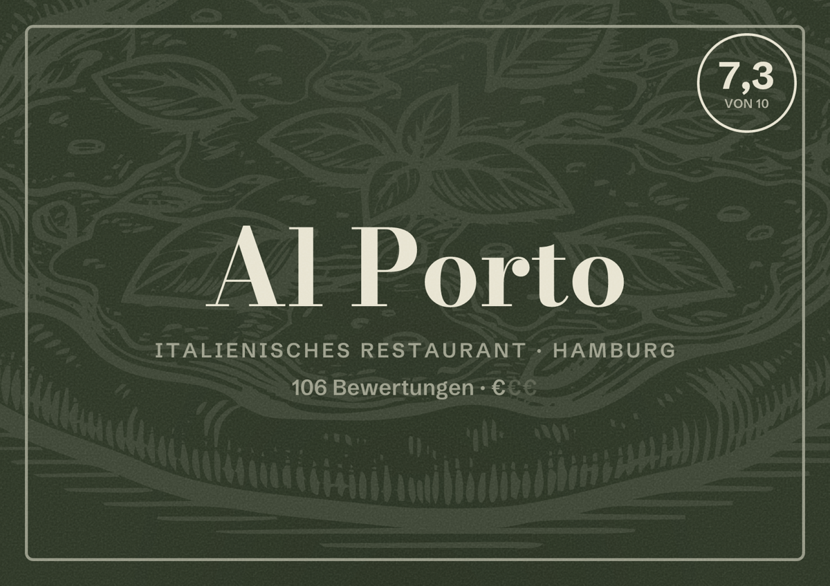 Illustriertes Poster von Al Porto, Italienisches Restaurant in Hamburg: Bewertung 7,3 von 10 aus 106 Bewertungen, Preisniveau €