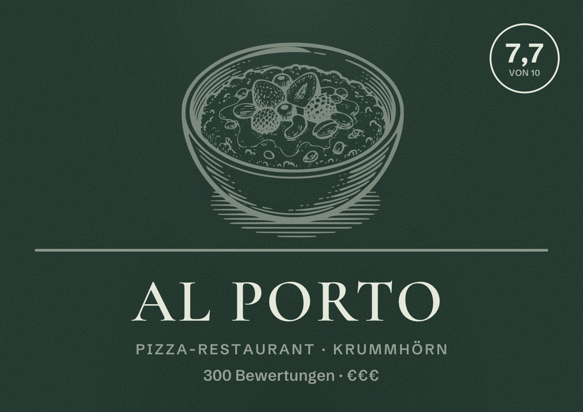 Illustriertes Poster von Al Porto, Pizza-Restaurant in Krummhörn: Bewertung 7,7 von 10 aus 300 Bewertungen, Preisniveau €€€