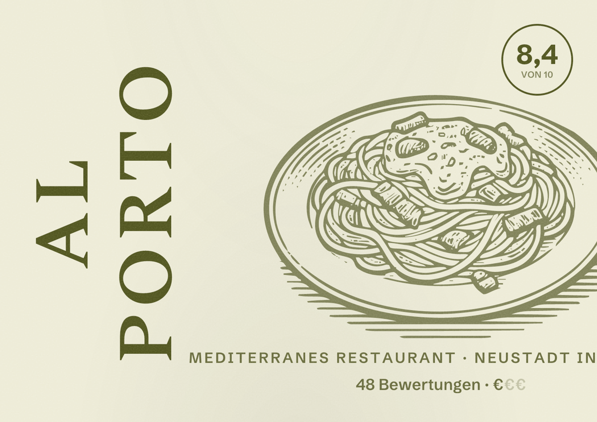Illustriertes Poster von Al Porto, Mediterranes Restaurant in Neustadt in Holstein: Bewertung 8,4 von 10 aus 48 Bewertungen, Preisniveau €