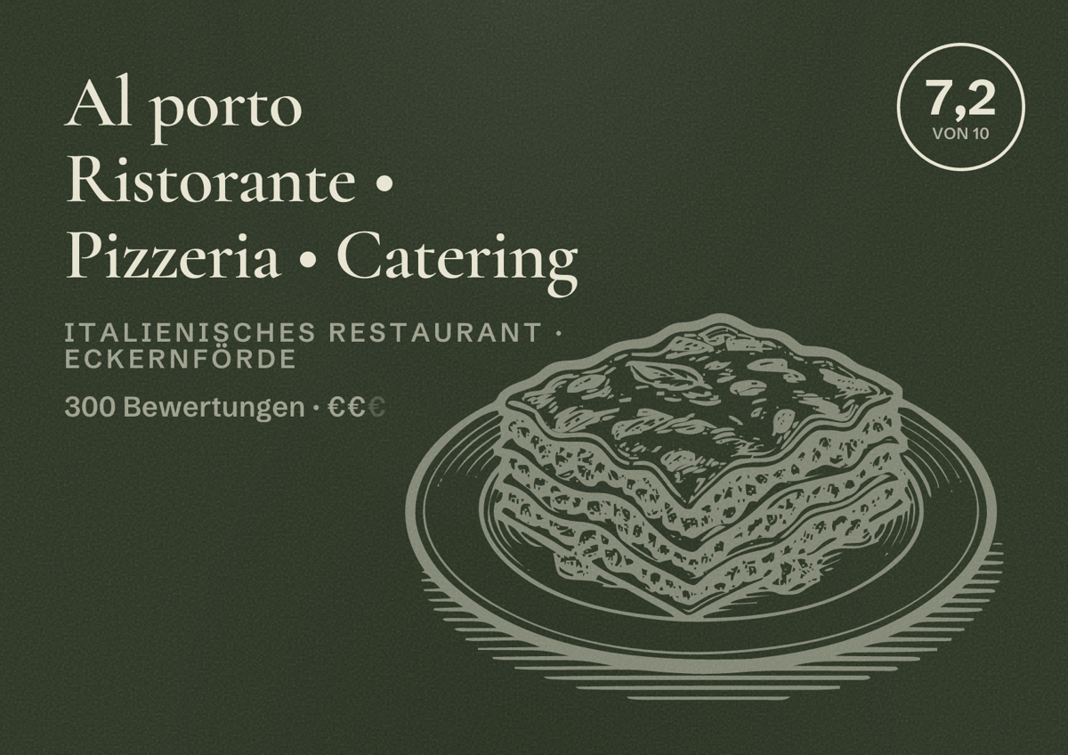 Illustriertes Poster von Al porto Ristorante • Pizzeria • Catering, Italienisches Restaurant in Eckernförde: Bewertung 7,2 von 10 aus 300 Bewertungen, Preisniveau €€