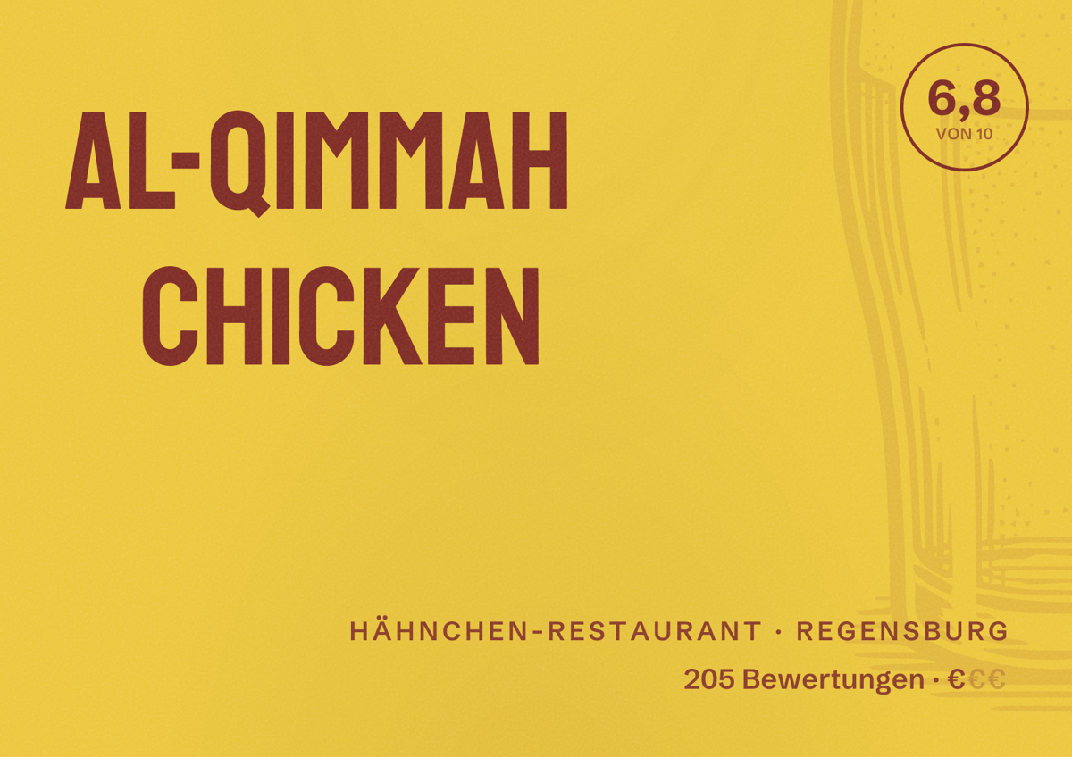 Illustriertes Poster von Al-Qimmah Chicken, Hähnchen-Restaurant in Regensburg: Bewertung 6,8 von 10 aus 205 Bewertungen, Preisniveau €