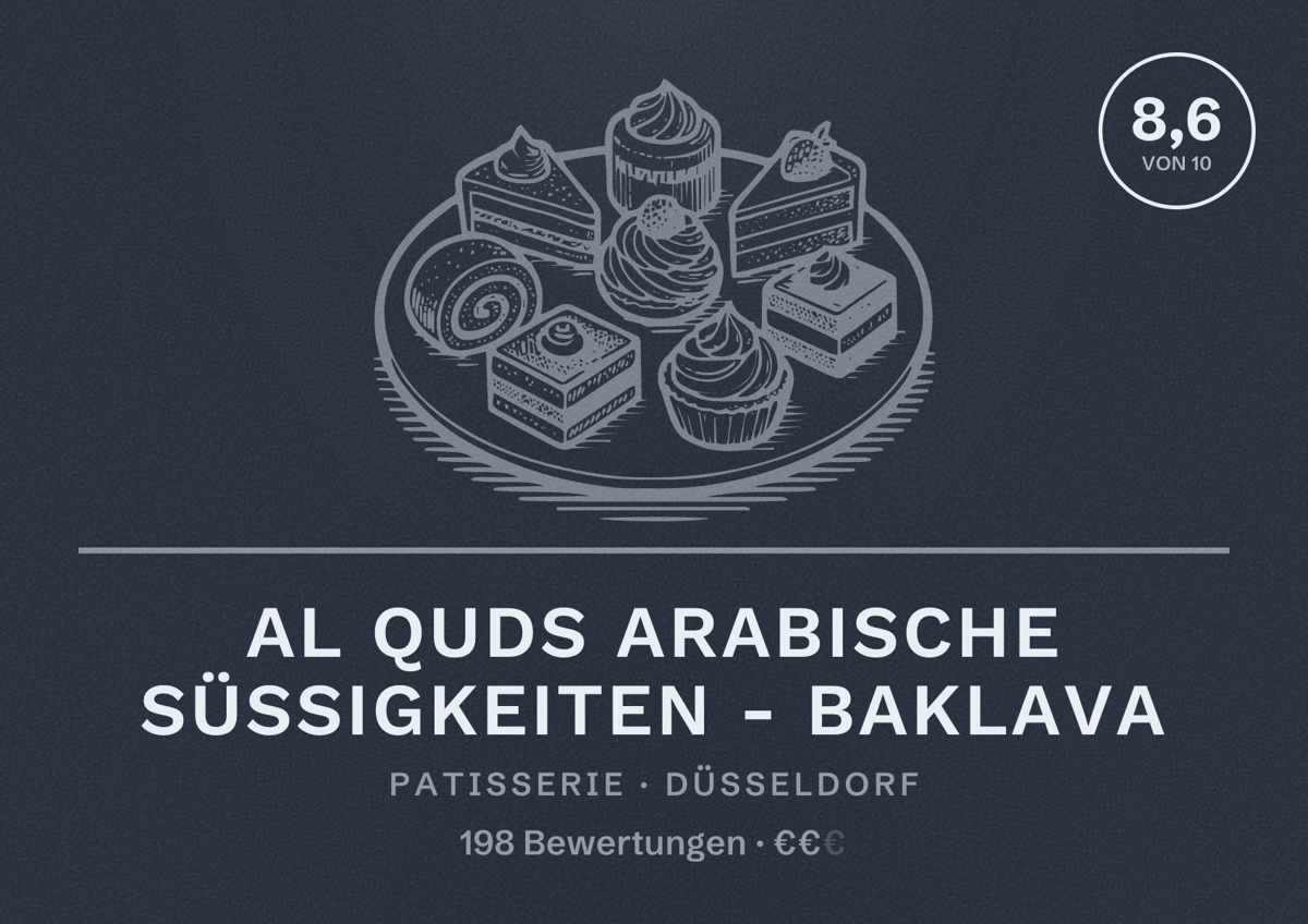 Illustriertes Poster von Al Quds arabische Süßigkeiten - Baklava, Patisserie in Düsseldorf: Bewertung 8,6 von 10 aus 198 Bewertungen, Preisniveau €€