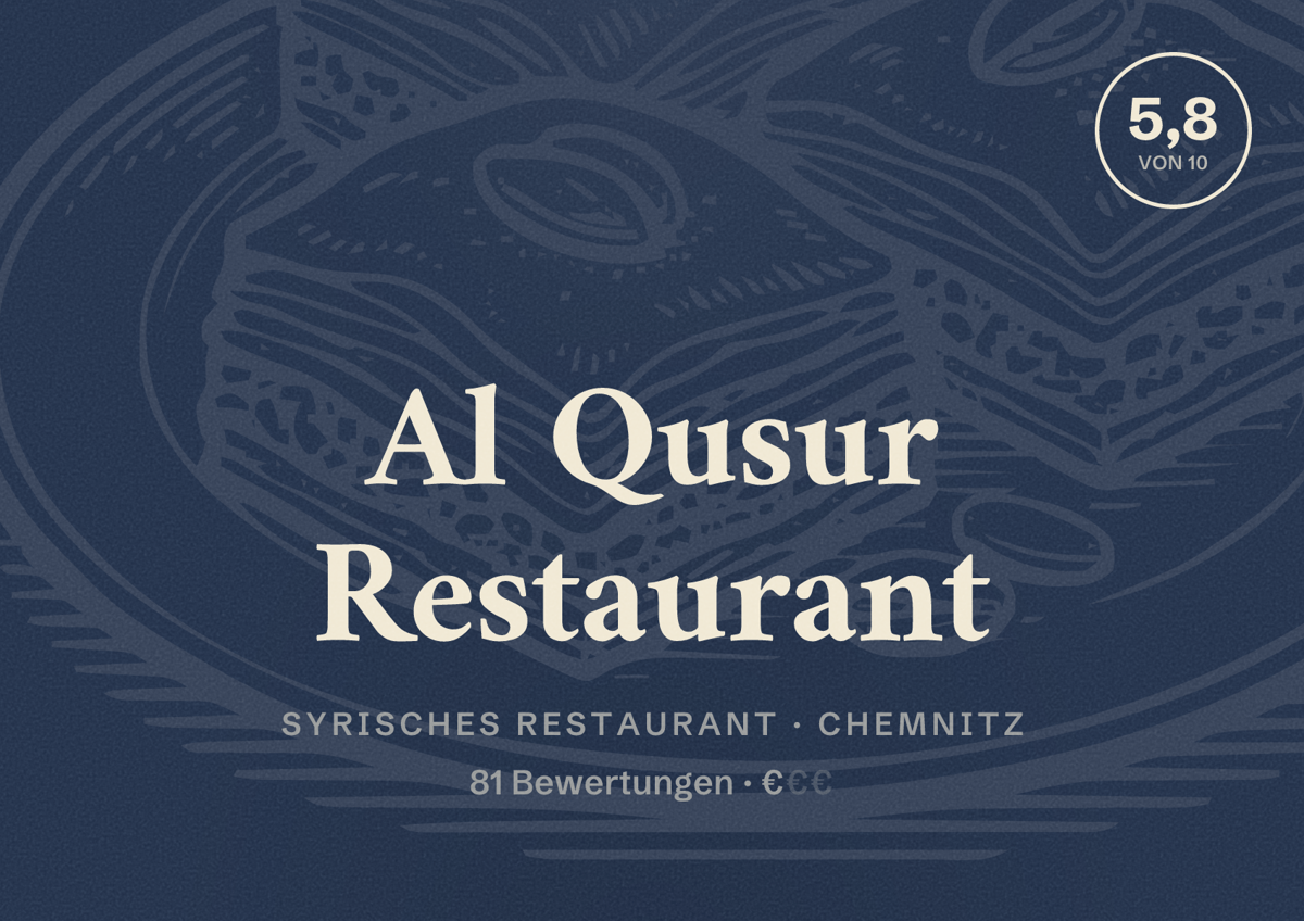 Illustriertes Poster von Al Qusur Restaurant, Syrisches Restaurant in Chemnitz: Bewertung 5,8 von 10 aus 81 Bewertungen, Preisniveau €