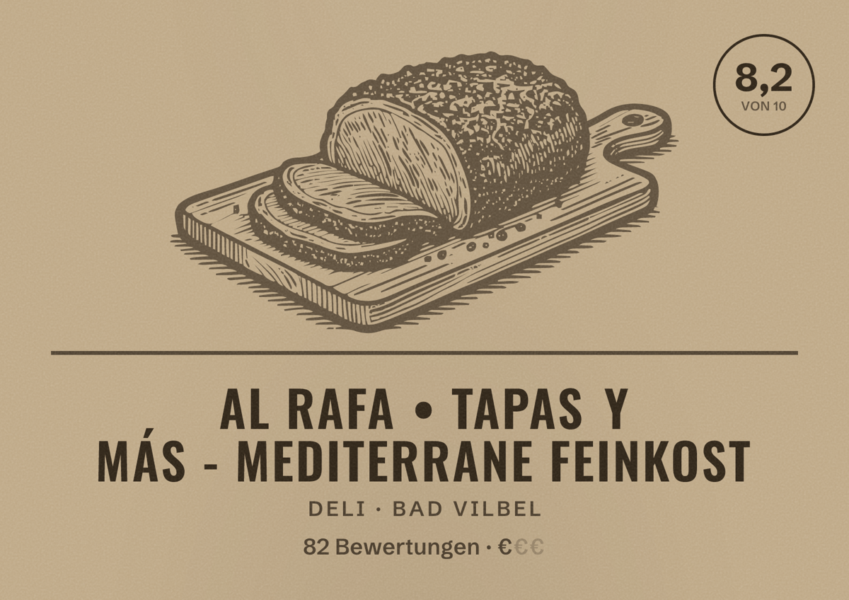 Illustriertes Poster von Al Rafa • Tapas y Más - Mediterrane Feinkost, Deli in Bad Vilbel: Bewertung 8,2 von 10 aus 82 Bewertungen, Preisniveau €