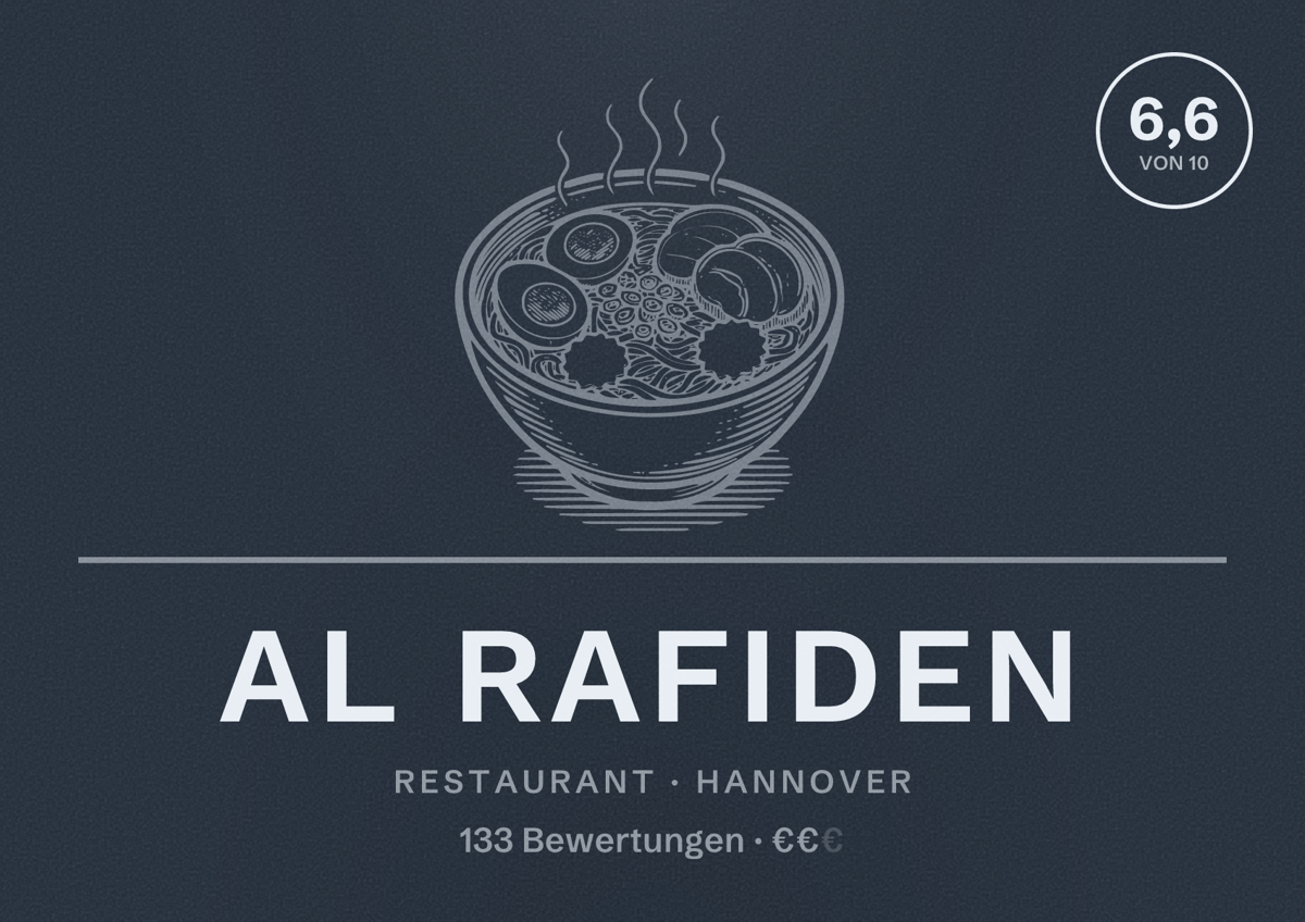 Illustriertes Poster von Al Rafiden, Restaurant in Hannover: Bewertung 6,6 von 10 aus 133 Bewertungen, Preisniveau €€
