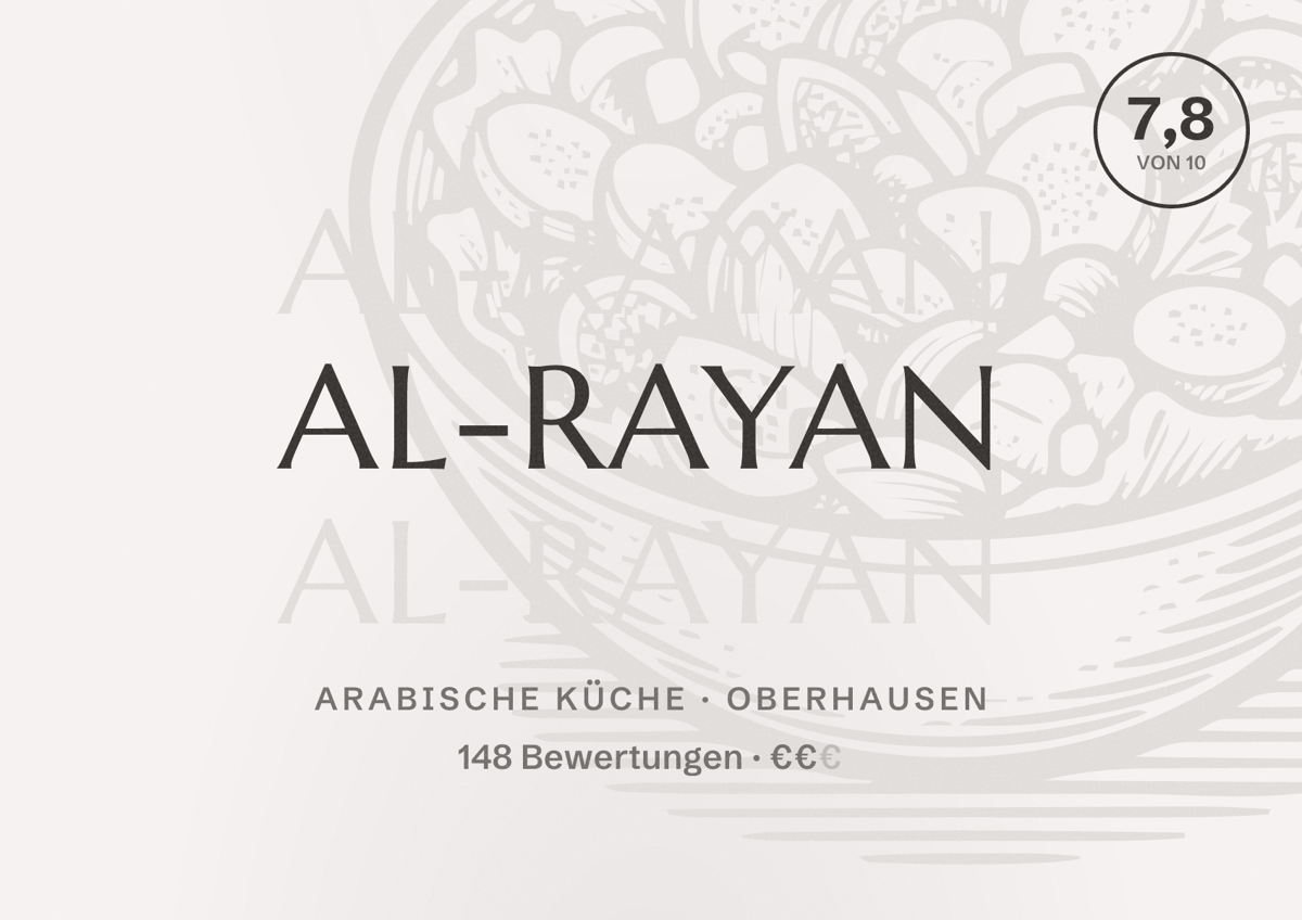 Illustriertes Poster von Al-Rayan, Arabische Küche in Oberhausen: Bewertung 7,8 von 10 aus 148 Bewertungen, Preisniveau €€
