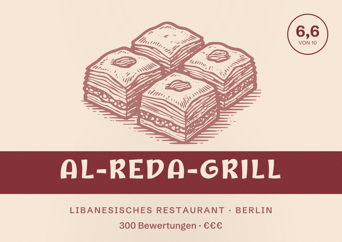 Illustriertes Poster von Al-Reda-Grill, Libanesisches Restaurant in Berlin: Bewertung 6,6 von 10 aus 300 Bewertungen, Preisniveau €€€