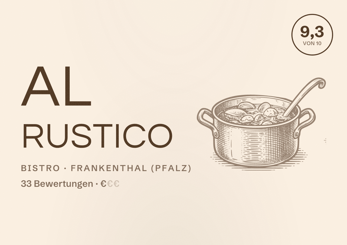 Illustriertes Poster von Al Rustico, Bistro in Frankenthal (Pfalz): Bewertung 9,3 von 10 aus 33 Bewertungen, Preisniveau €