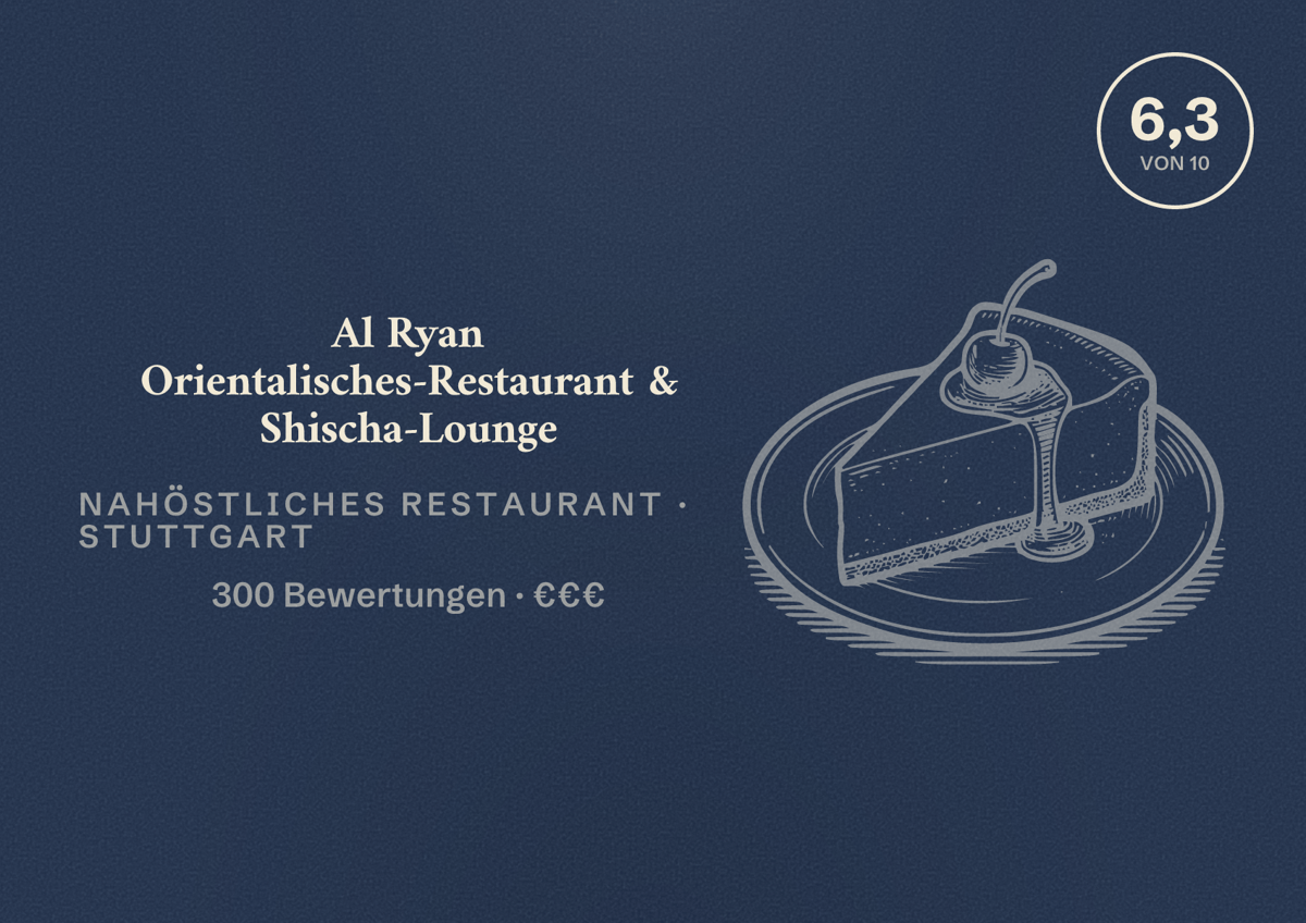Illustriertes Poster von Al Ryan Orientalisches-Restaurant & Shischa-Lounge, Nahöstliches Restaurant in Stuttgart: Bewertung 6,3 von 10 aus 300 Bewertungen, Preisniveau €€€