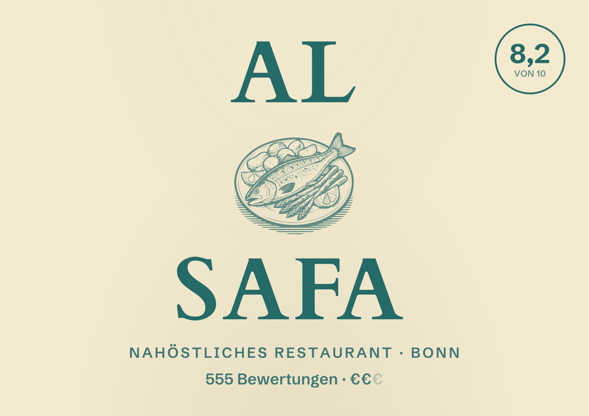 Illustriertes Poster von Al Safa, Nahöstliches Restaurant in Bonn: Bewertung 8,2 von 10 aus 555 Bewertungen, Preisniveau €€