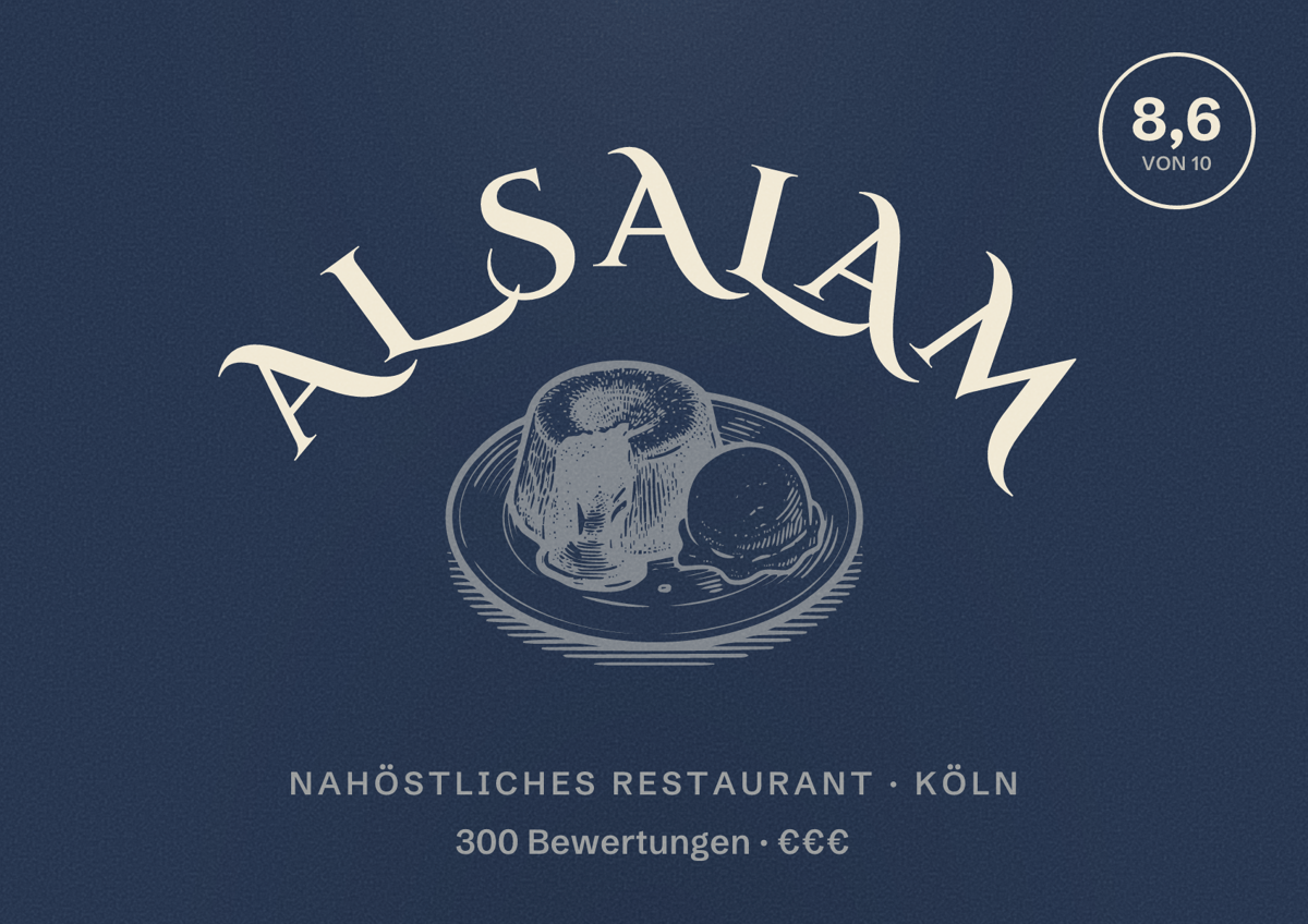Illustriertes Poster von Al Salam, Nahöstliches Restaurant in Köln: Bewertung 8,6 von 10 aus 300 Bewertungen, Preisniveau €€€