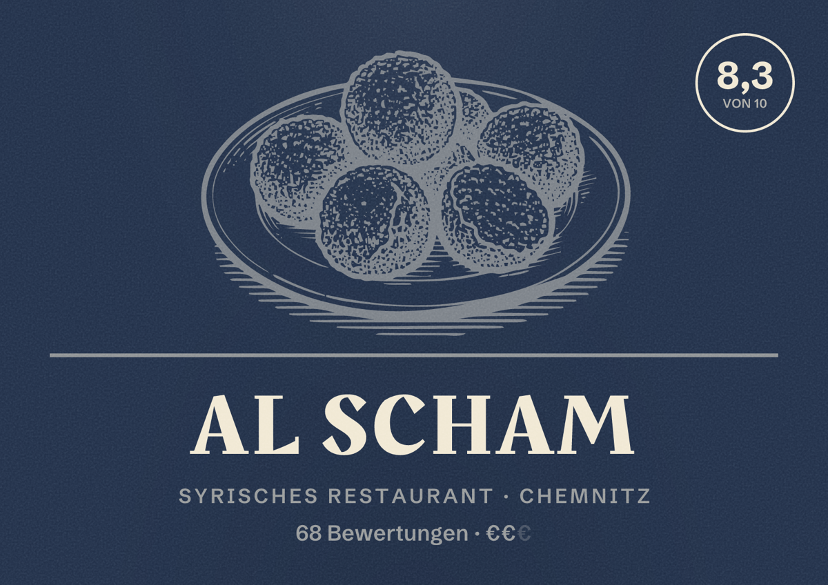 Illustriertes Poster von Al Scham, Syrisches Restaurant in Chemnitz: Bewertung 8,3 von 10 aus 68 Bewertungen, Preisniveau €€