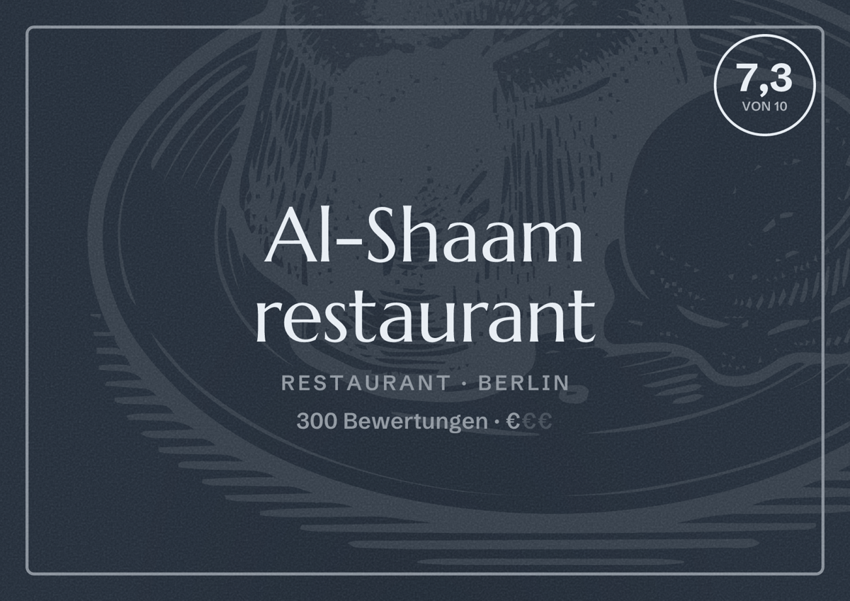 Illustriertes Poster von Al-Shaam restaurant, Restaurant in Berlin: Bewertung 7,3 von 10 aus 300 Bewertungen, Preisniveau €