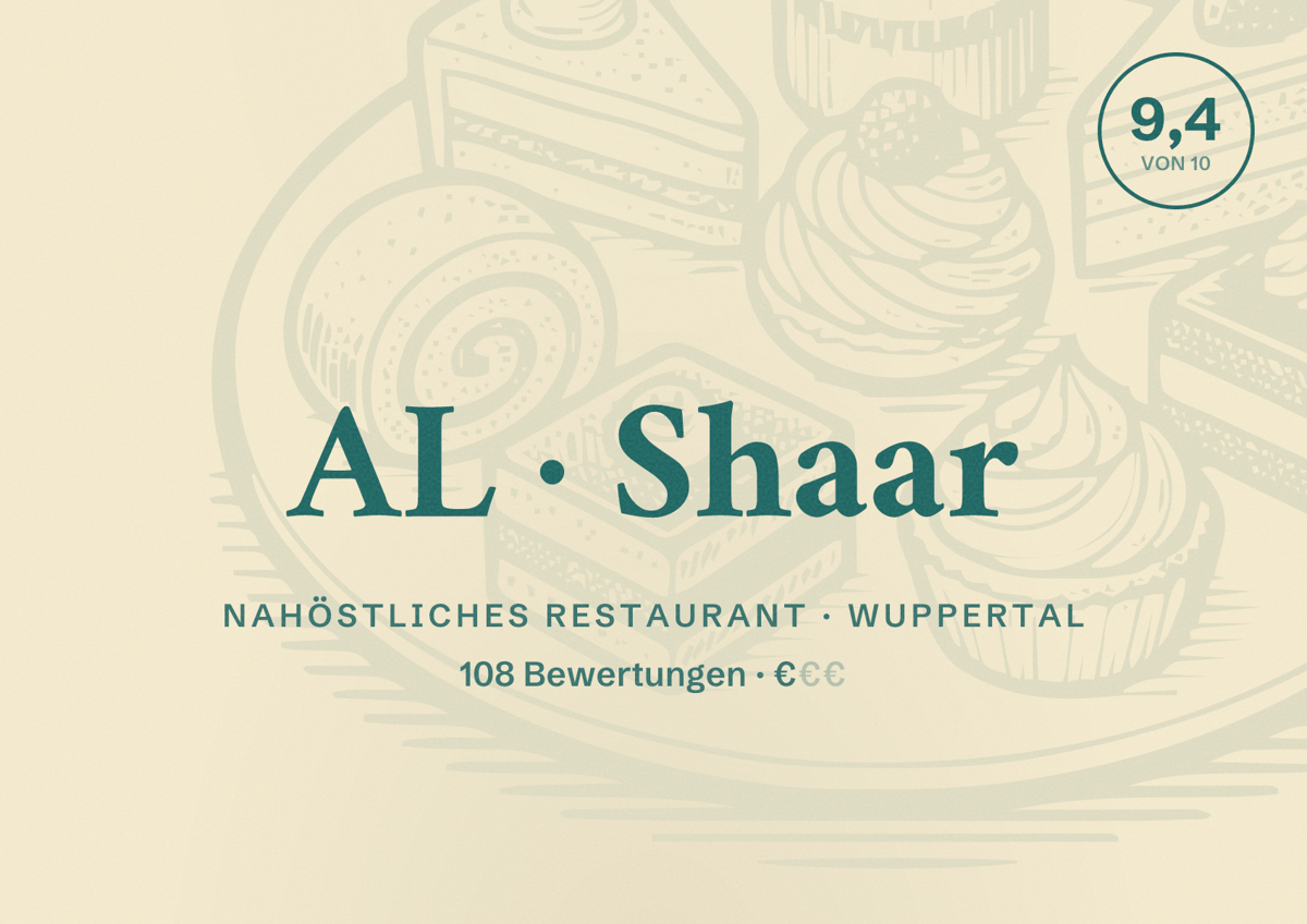 Illustriertes Poster von AL Shaar, Nahöstliches Restaurant in Wuppertal: Bewertung 9,4 von 10 aus 108 Bewertungen, Preisniveau €