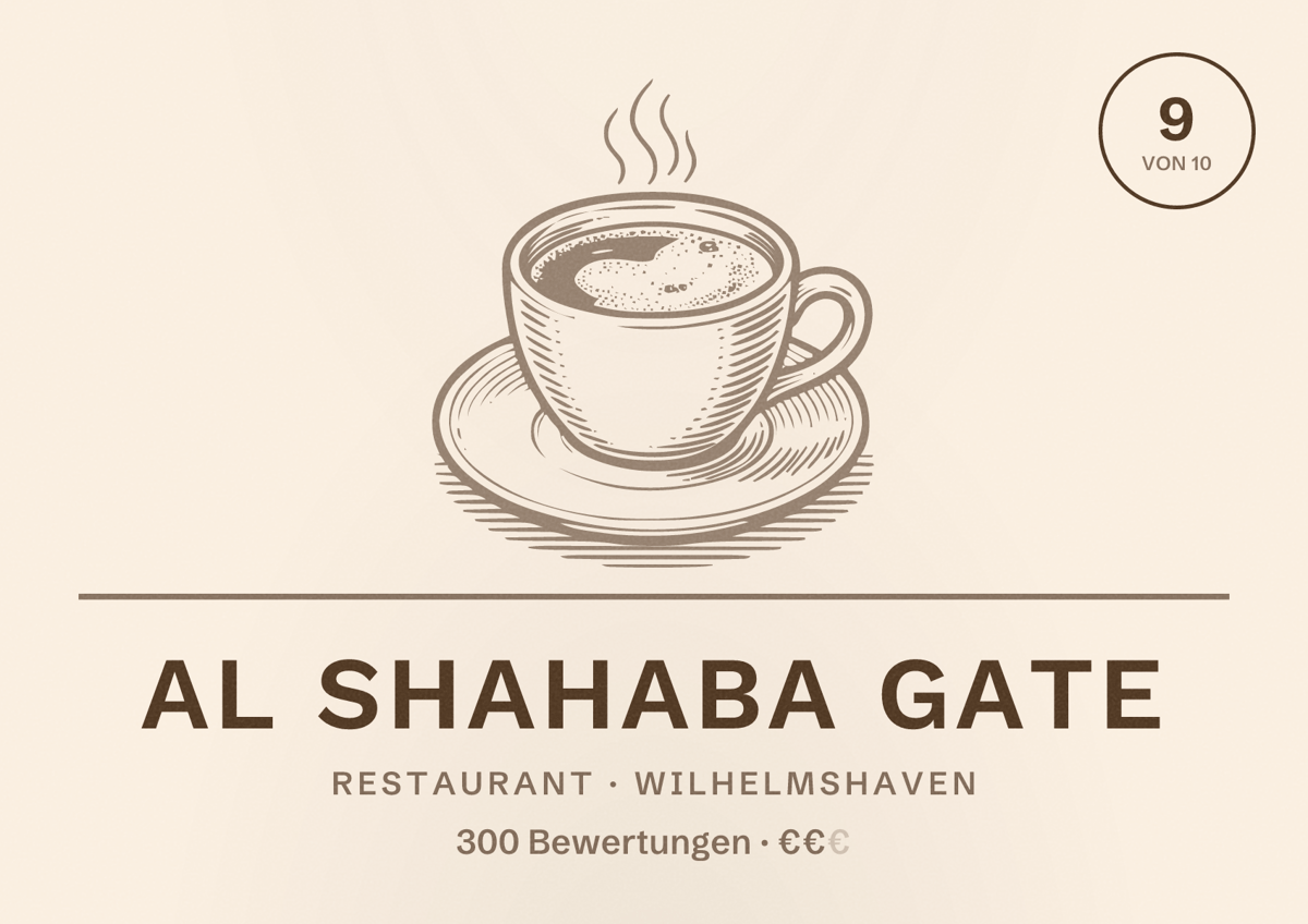 Illustriertes Poster von Al Shahaba Gate, Restaurant in Wilhelmshaven: Bewertung 9 von 10 aus 300 Bewertungen, Preisniveau €€