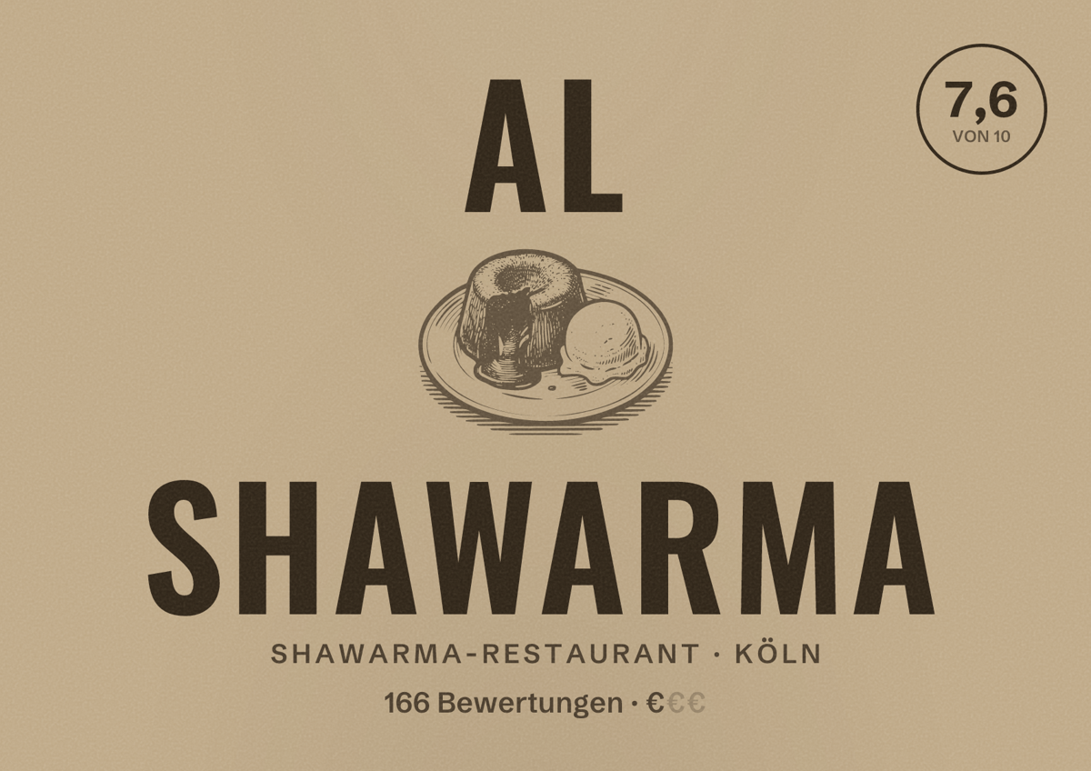 Illustriertes Poster von Al Shawarma, Shawarma-Restaurant in Köln: Bewertung 7,6 von 10 aus 166 Bewertungen, Preisniveau €