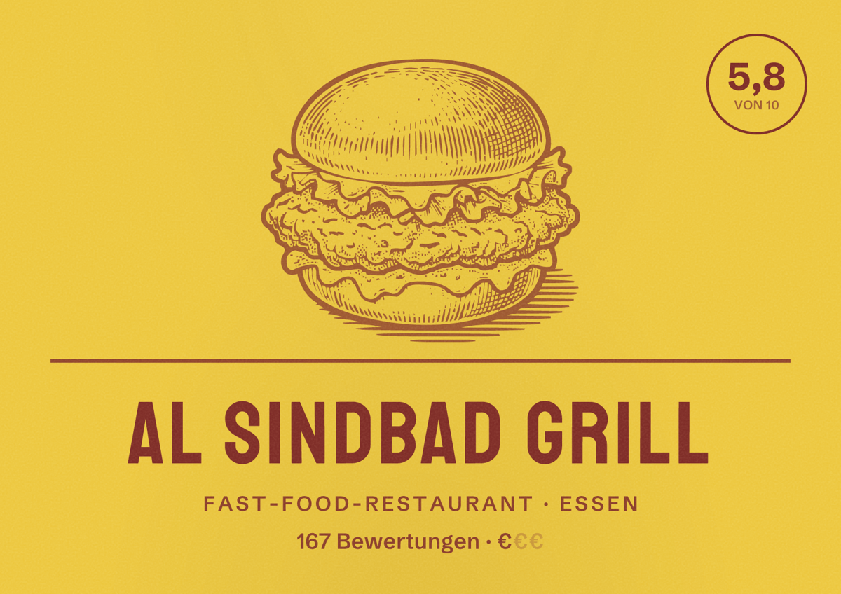 Illustriertes Poster von Al Sindbad Grill, Fast-Food-Restaurant in Essen: Bewertung 5,8 von 10 aus 167 Bewertungen, Preisniveau €
