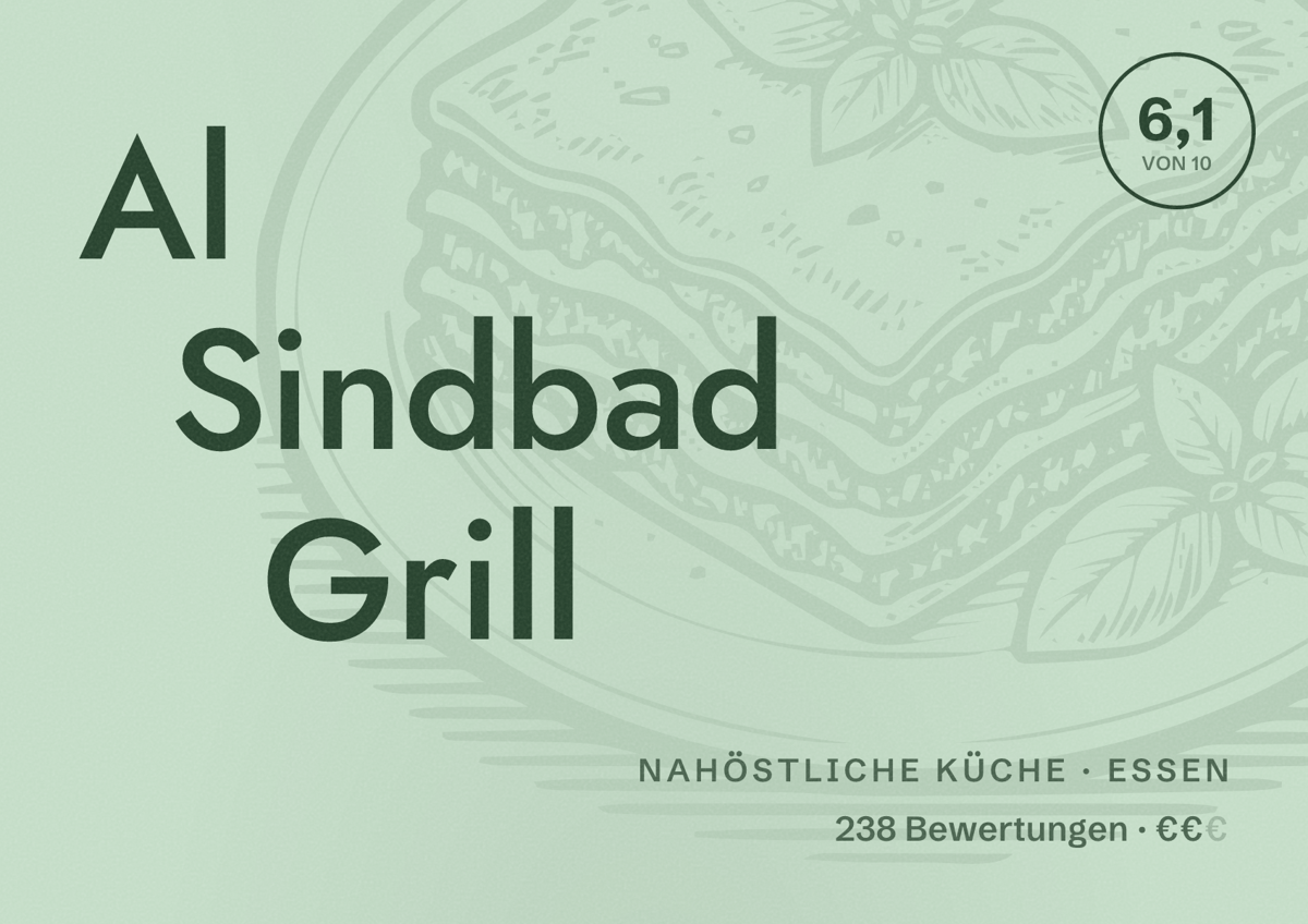 Illustriertes Poster von Al Sindbad Grill, Nahöstliche Küche in Essen: Bewertung 6,1 von 10 aus 238 Bewertungen, Preisniveau €€