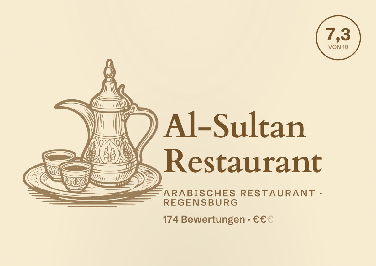 Illustriertes Poster von Al-Sultan Restaurant, Arabisches Restaurant in Regensburg: Bewertung 7,3 von 10 aus 174 Bewertungen, Preisniveau €€