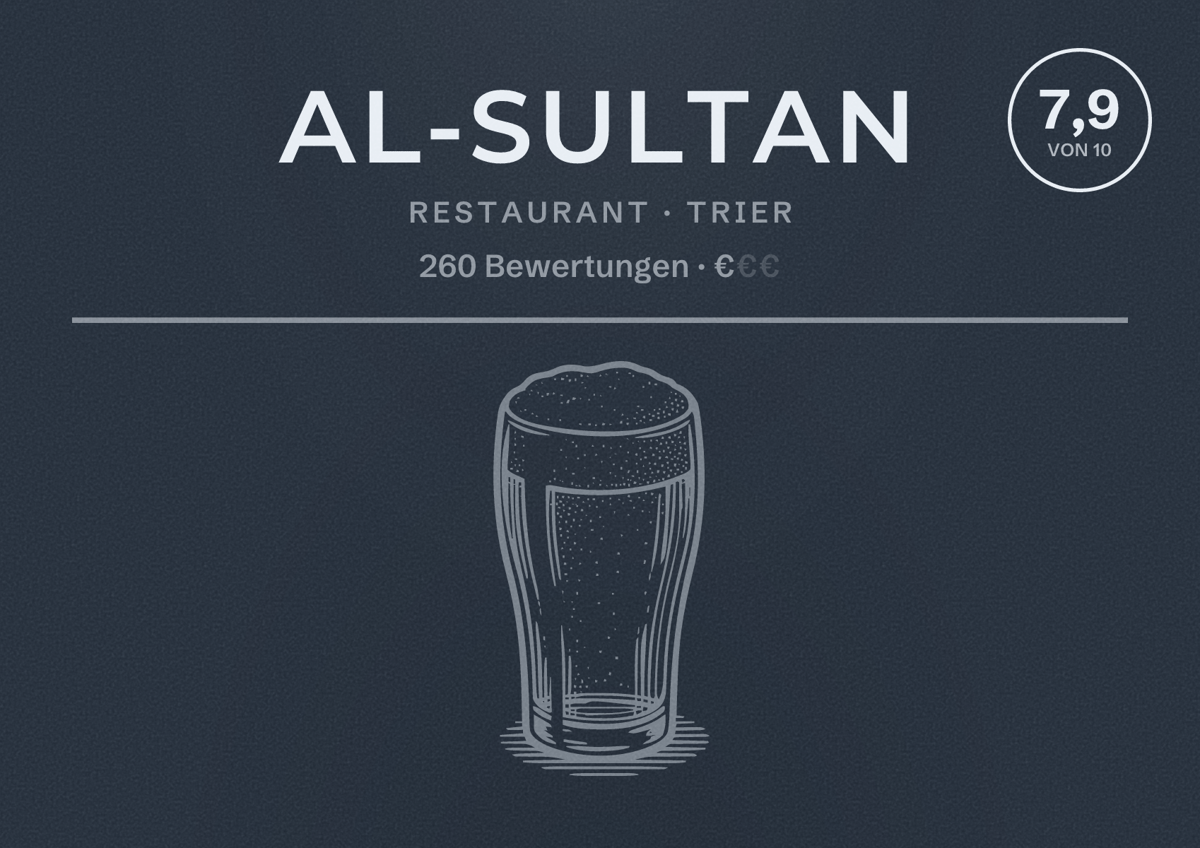 Illustriertes Poster von Al-Sultan, Restaurant in Trier: Bewertung 7,9 von 10 aus 260 Bewertungen, Preisniveau €