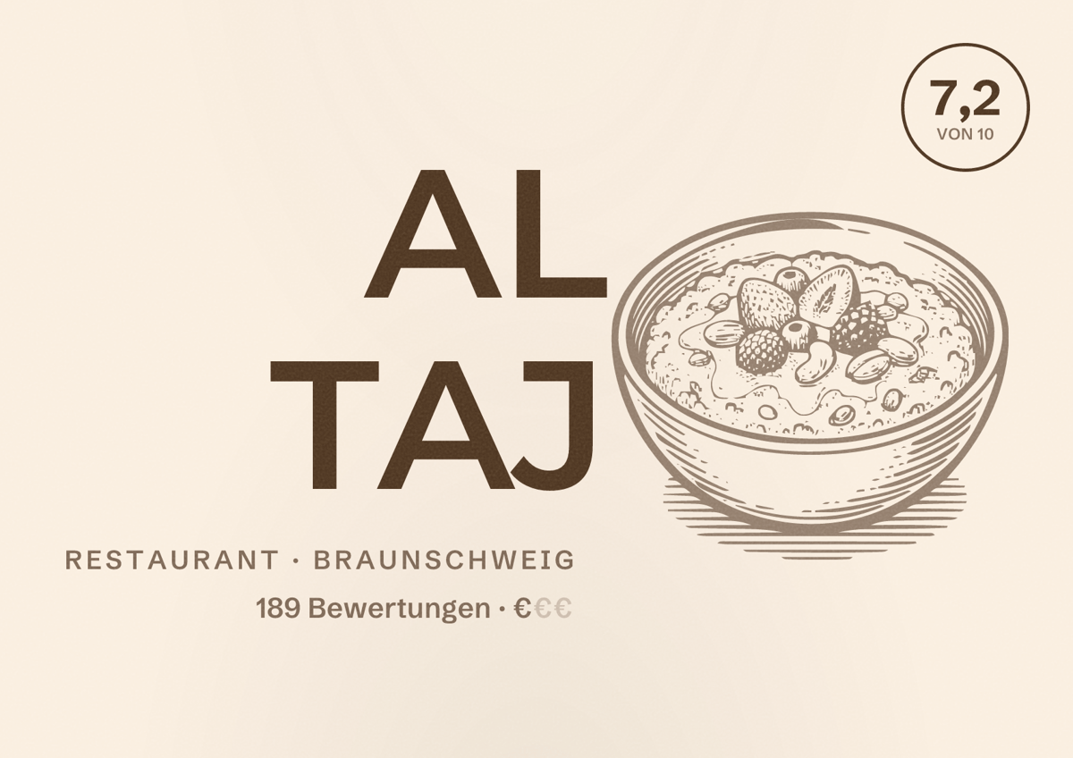 Illustriertes Poster von AL TAJ, Restaurant in Braunschweig: Bewertung 7,2 von 10 aus 189 Bewertungen, Preisniveau €