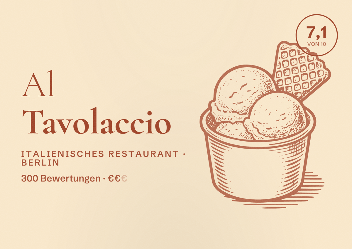 Illustriertes Poster von Al Tavolaccio, Italienisches Restaurant in Berlin: Bewertung 7,1 von 10 aus 300 Bewertungen, Preisniveau €€