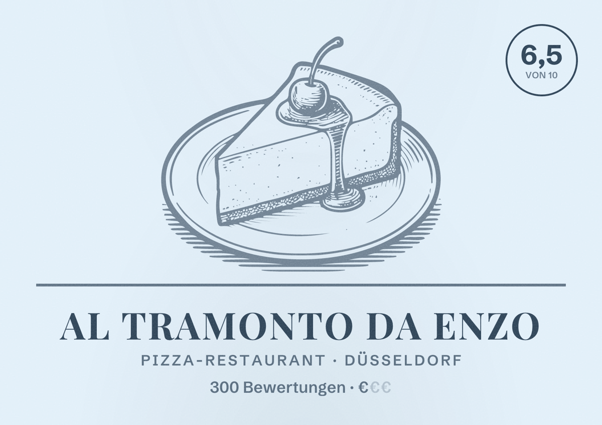 Illustriertes Poster von Al Tramonto da Enzo, Pizza-Restaurant in Düsseldorf: Bewertung 6,5 von 10 aus 300 Bewertungen, Preisniveau €