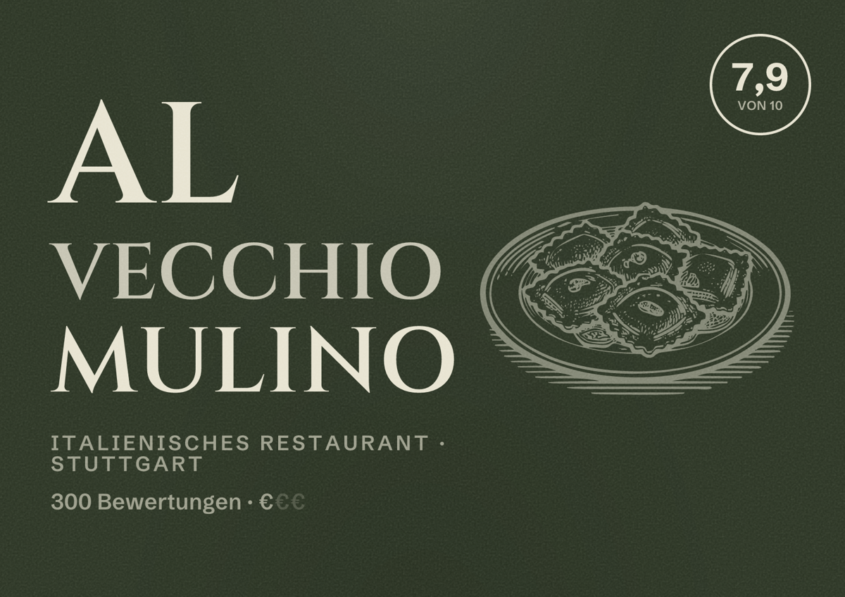 Illustriertes Poster von Al Vecchio Mulino, Italienisches Restaurant in Stuttgart: Bewertung 7,9 von 10 aus 300 Bewertungen, Preisniveau €