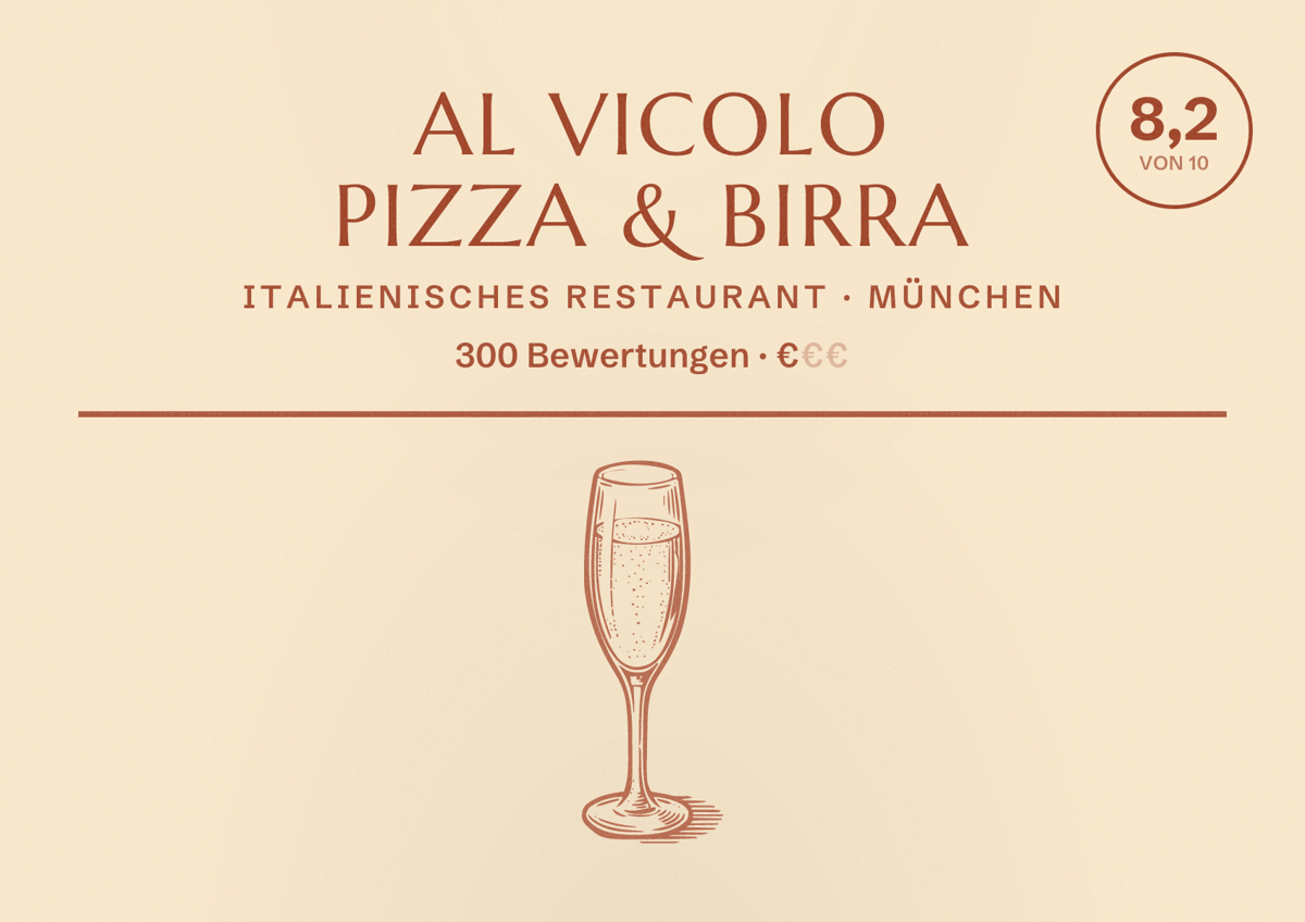 Illustriertes Poster von Al Vicolo Pizza & Birra, Italienisches Restaurant in München: Bewertung 8,2 von 10 aus 300 Bewertungen, Preisniveau €