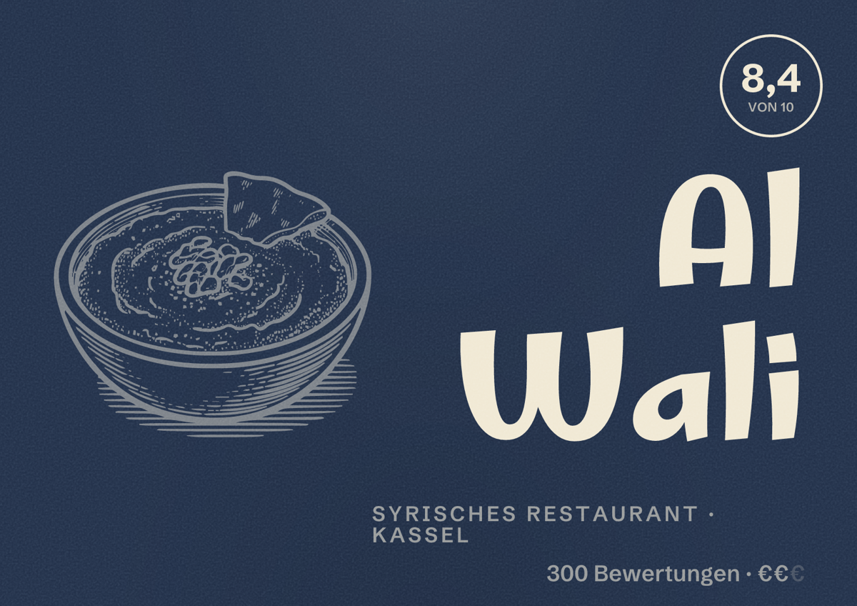 Illustriertes Poster von Al Wali, Syrisches Restaurant in Kassel: Bewertung 8,4 von 10 aus 300 Bewertungen, Preisniveau €€